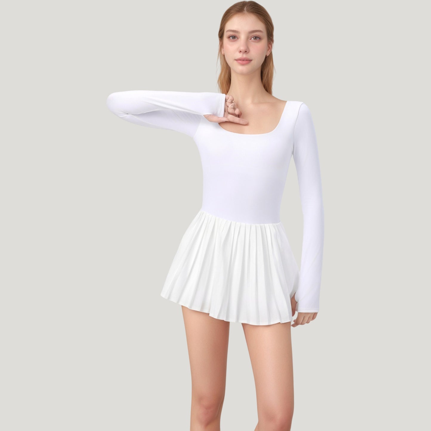 Long Sleeve Pleated Skirt Active Dress with Scoop Neckline