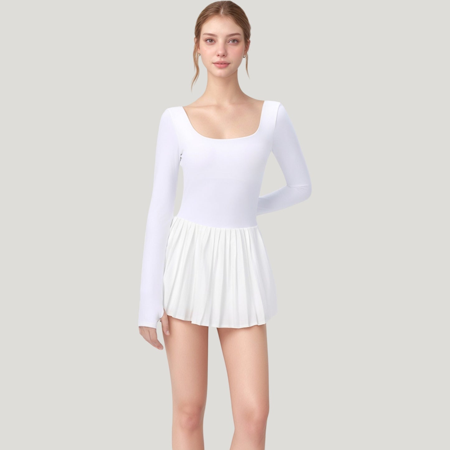 Long Sleeve Pleated Skirt Active Dress with Scoop Neckline