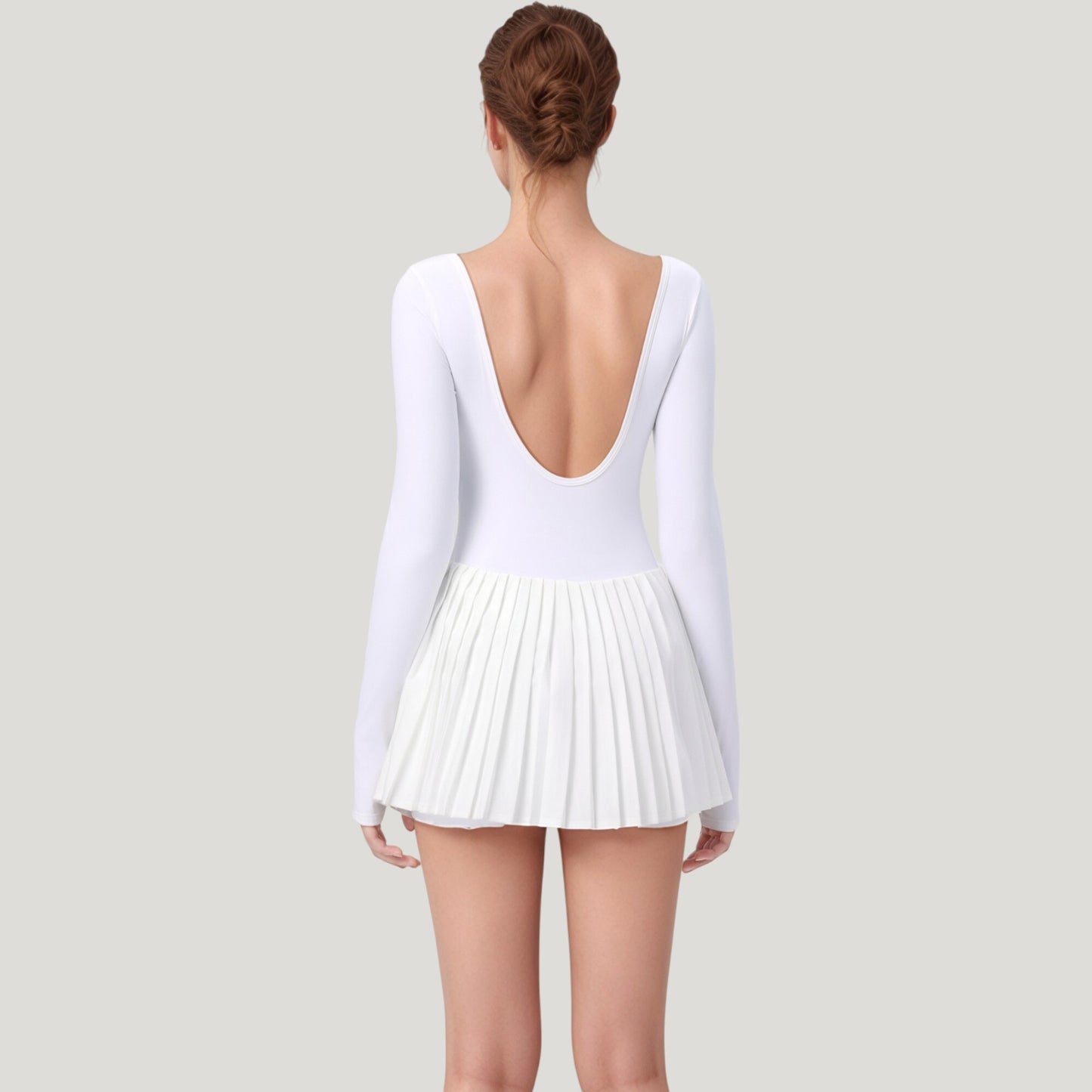 Long Sleeve Pleated Skirt Active Dress with Scoop Neckline