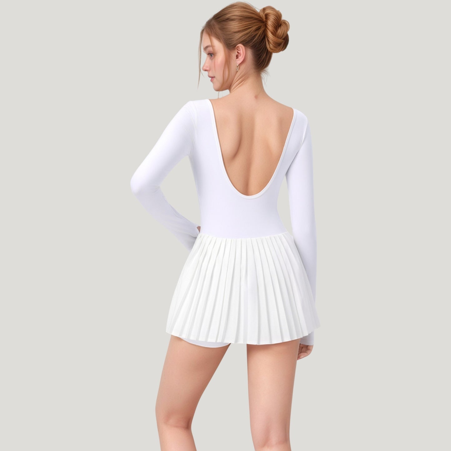Long Sleeve Pleated Skirt Active Dress with Scoop Neckline
