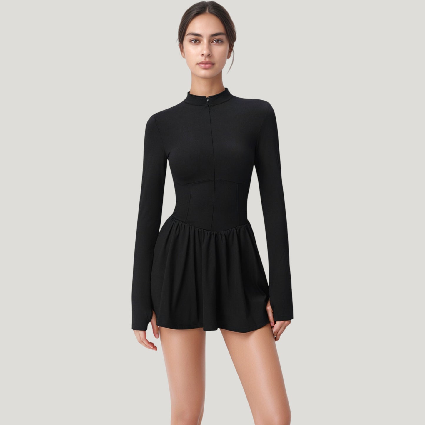 Long Sleeve Athletic Dress with Front Zip and Flowy Skirt
