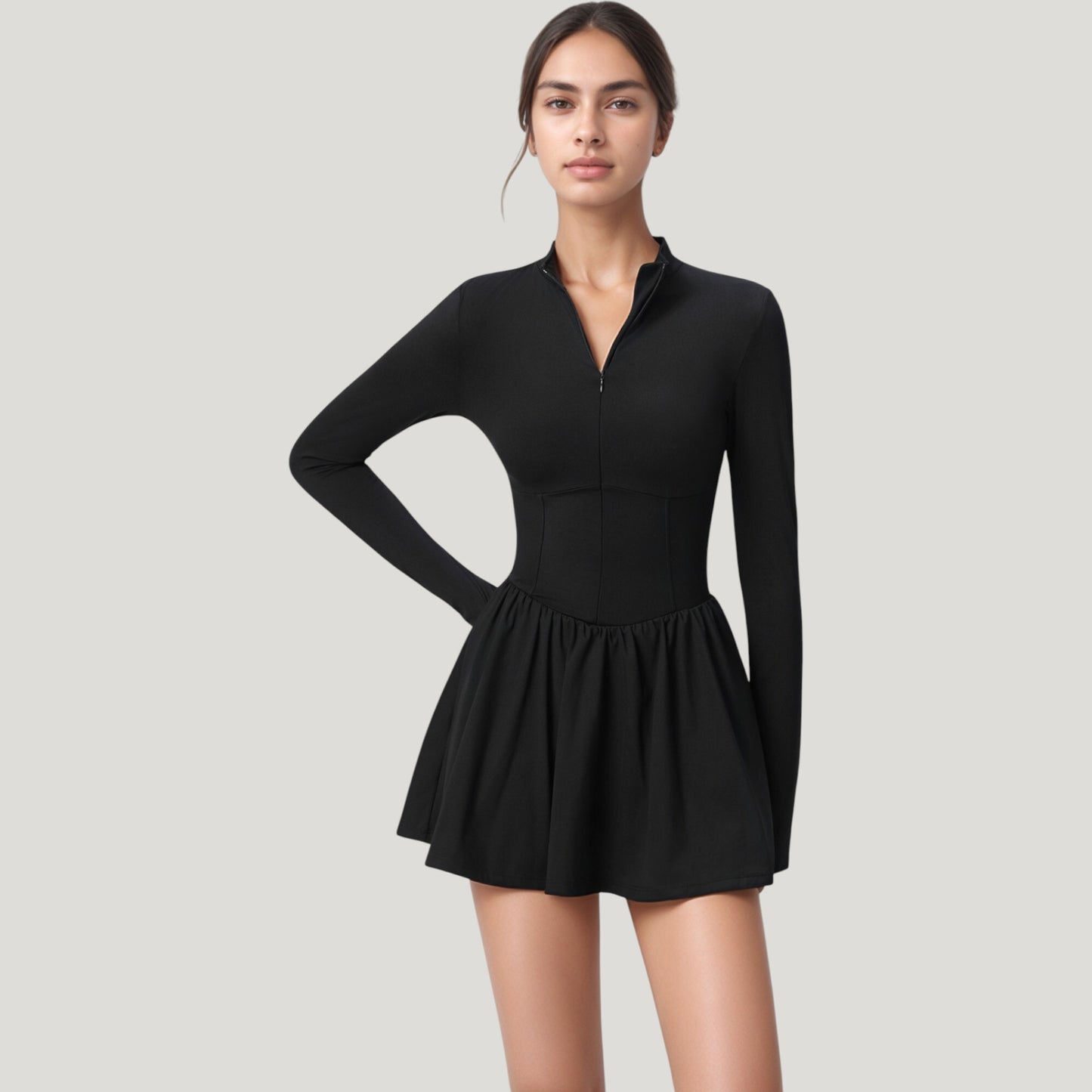 Long Sleeve Athletic Dress with Front Zip and Flowy Skirt
