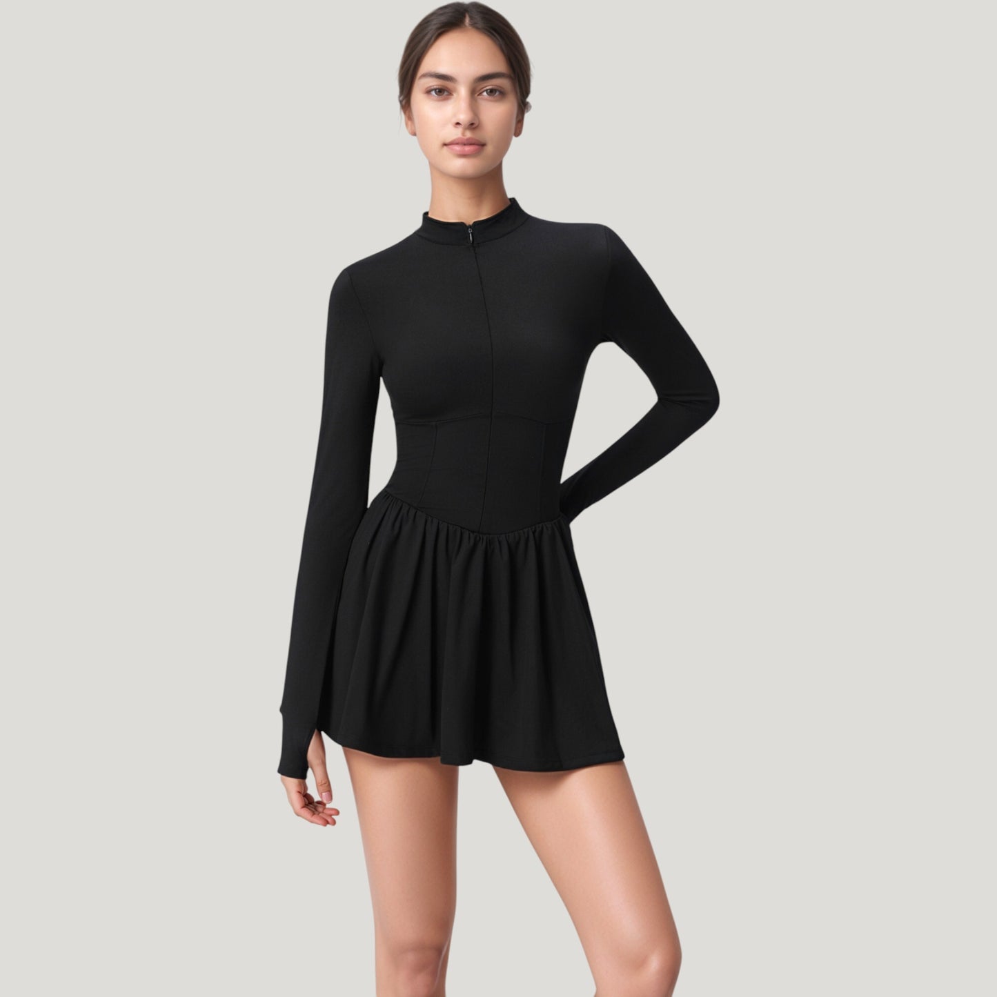 Long Sleeve Athletic Dress with Front Zip and Flowy Skirt