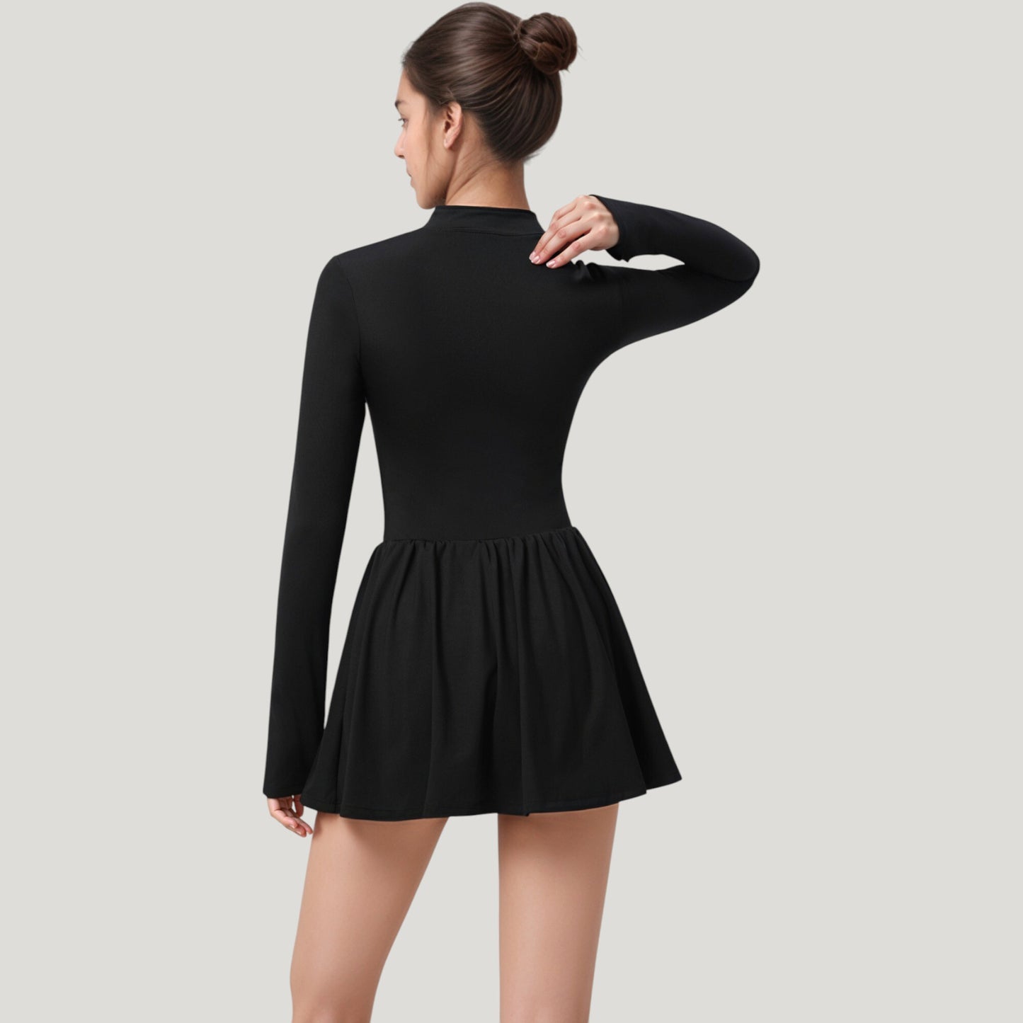 Long Sleeve Athletic Dress with Front Zip and Flowy Skirt