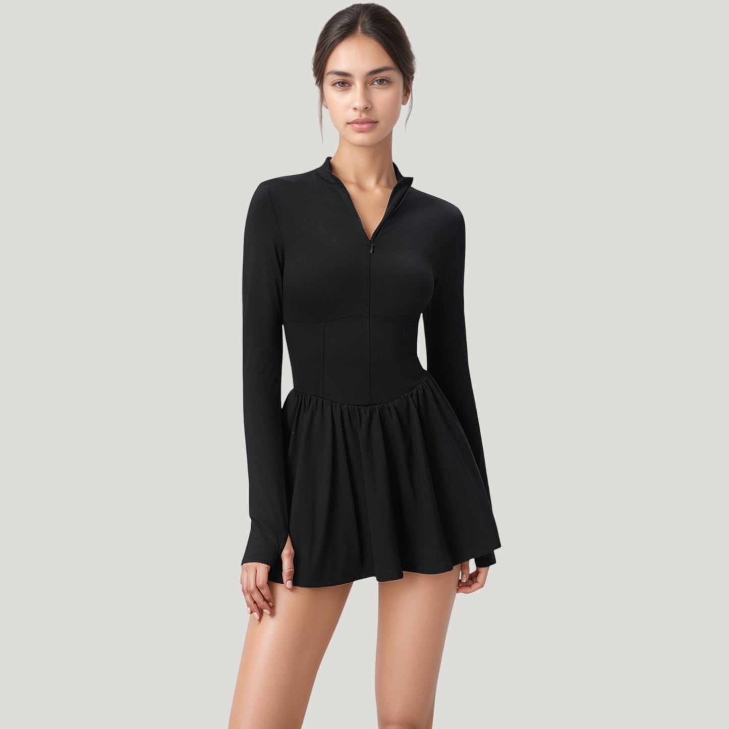 Long Sleeve Athletic Dress with Front Zip and Flowy Skirt