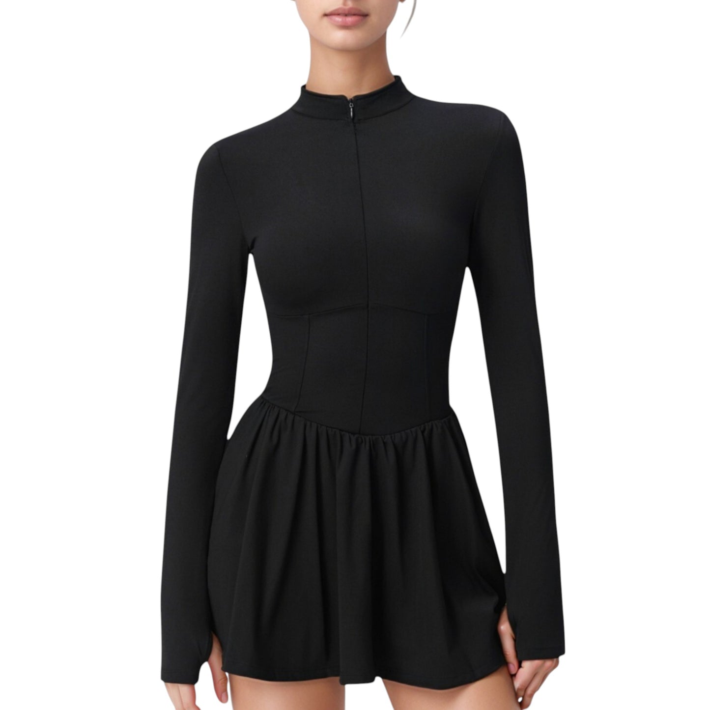 Long Sleeve Athletic Dress with Front Zip and Flowy Skirt