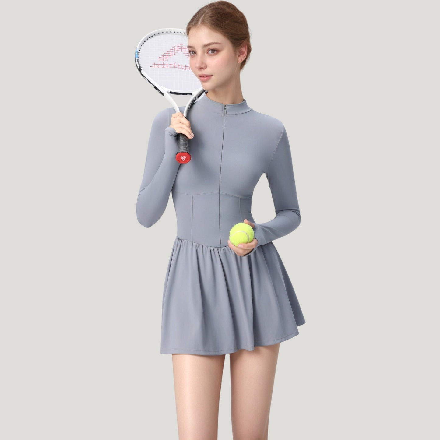 Long Sleeve Athletic Dress with Front Zip and Flowy Skirt