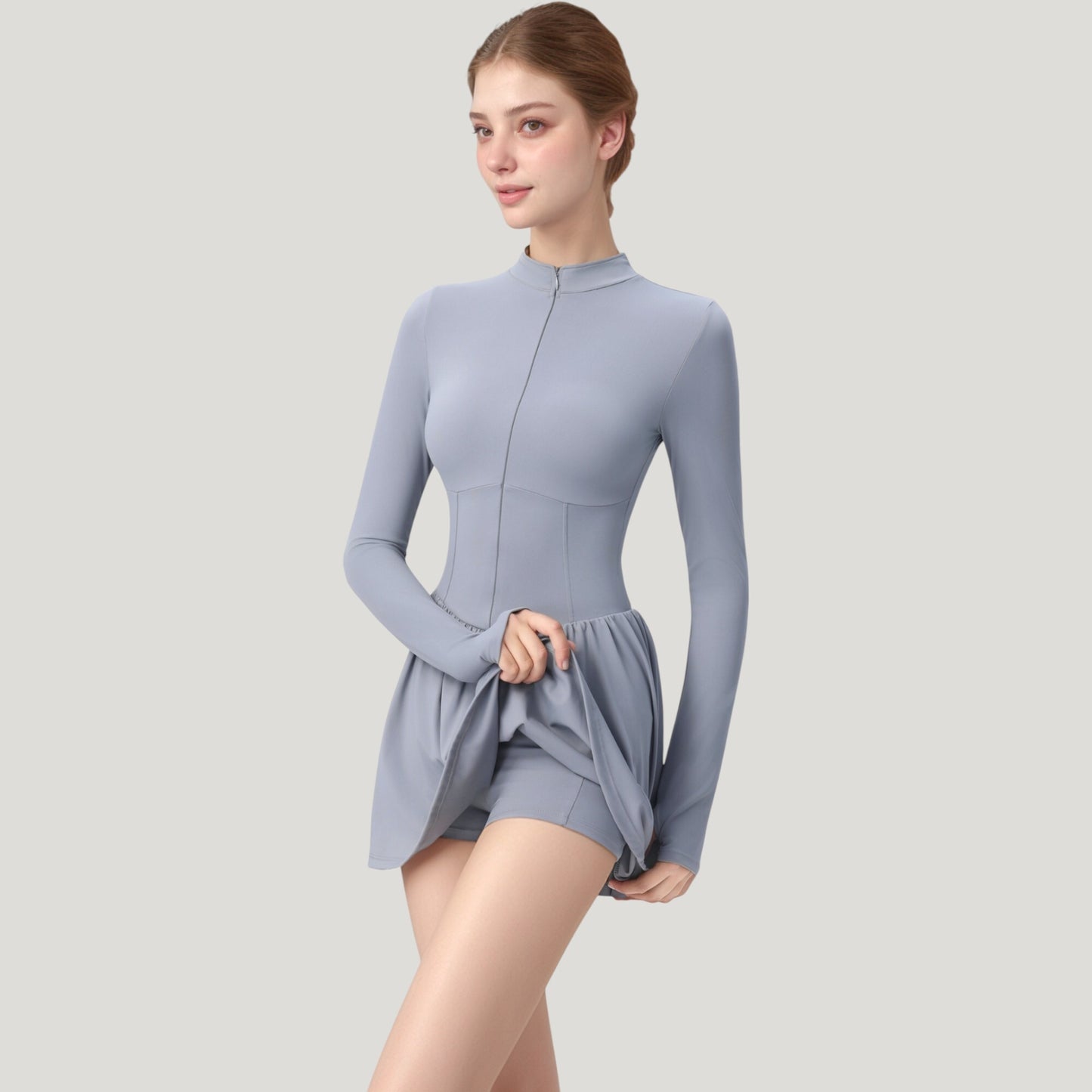 Long Sleeve Athletic Dress with Front Zip and Flowy Skirt