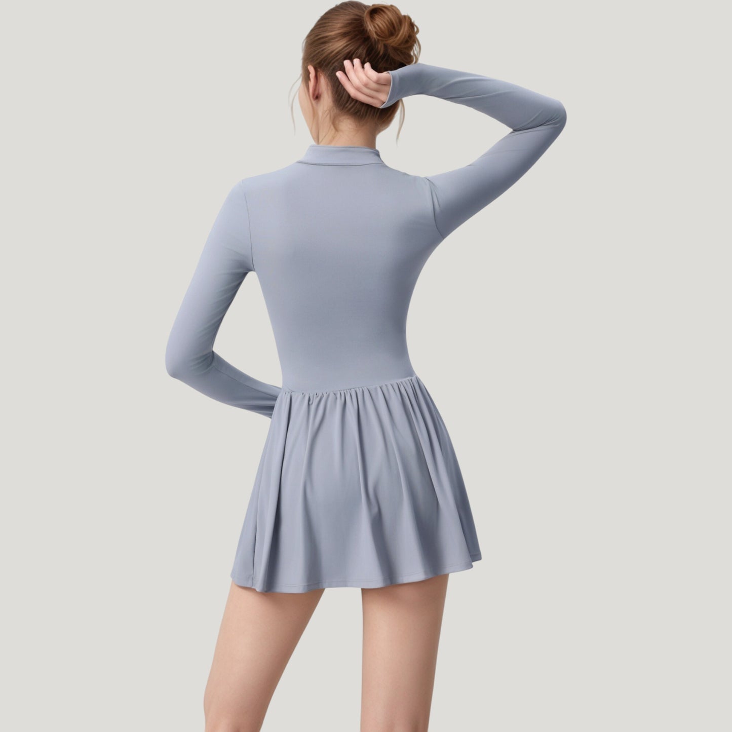 Long Sleeve Athletic Dress with Front Zip and Flowy Skirt