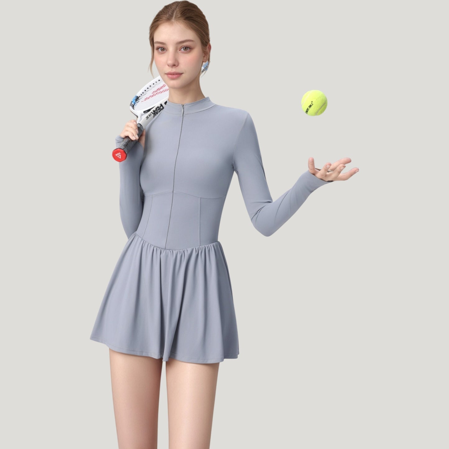 Long Sleeve Athletic Dress with Front Zip and Flowy Skirt