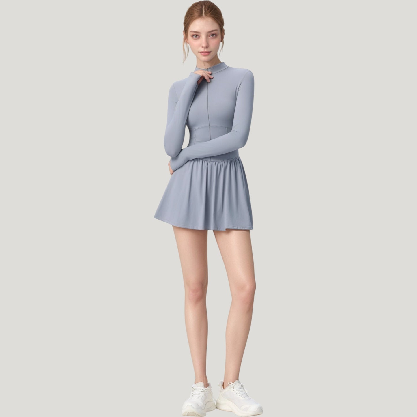 Long Sleeve Athletic Dress with Front Zip and Flowy Skirt