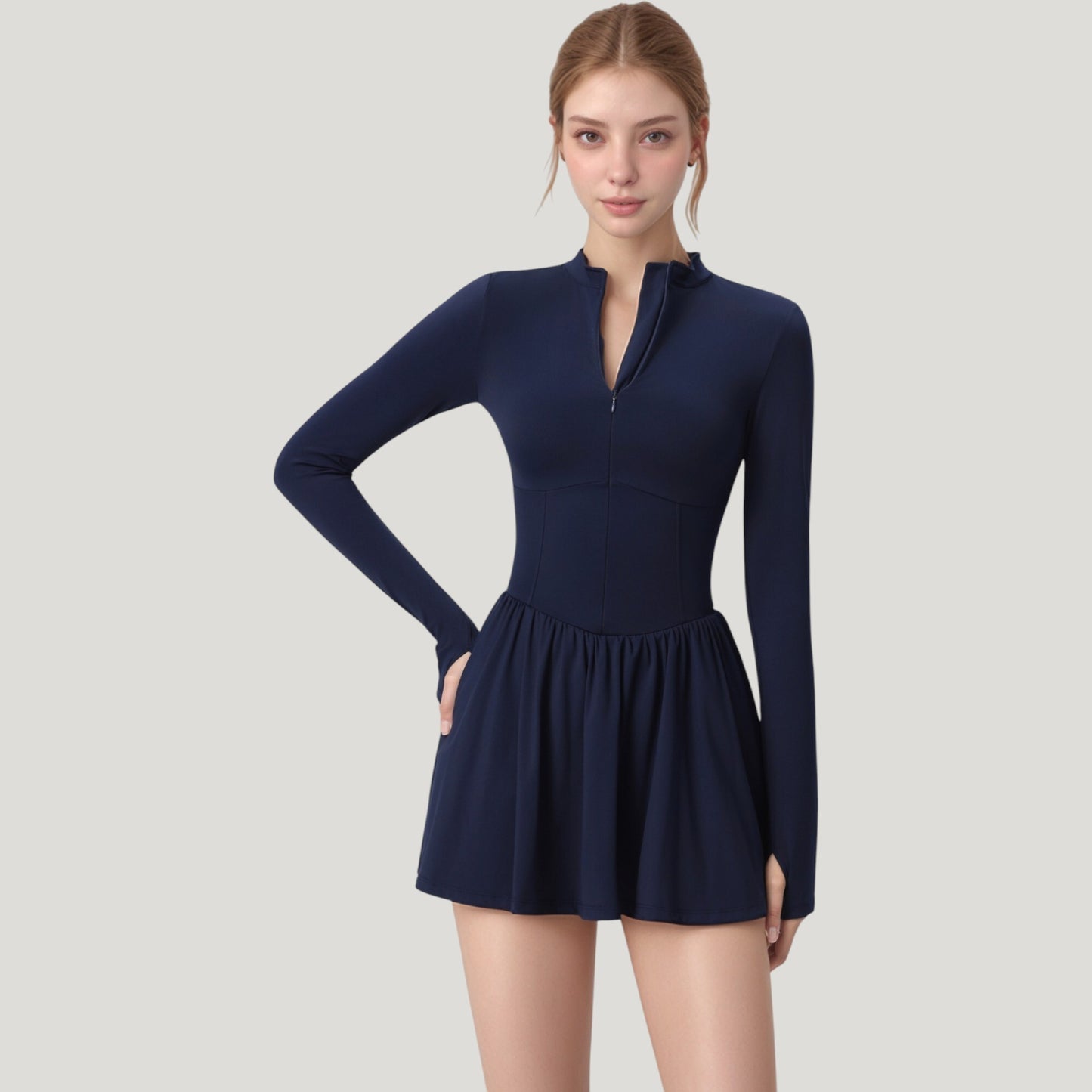 Long Sleeve Athletic Dress with Front Zip and Flowy Skirt