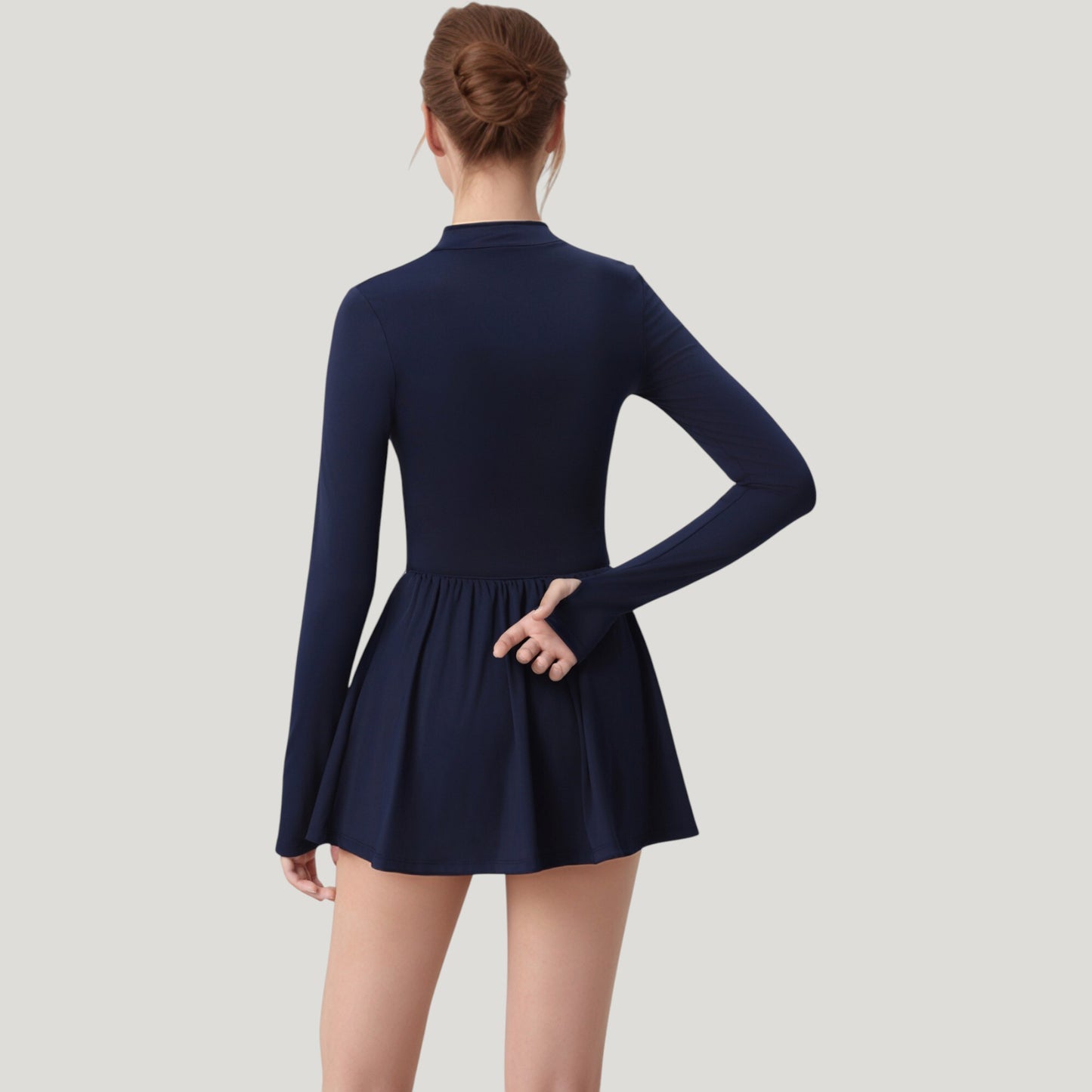 Long Sleeve Athletic Dress with Front Zip and Flowy Skirt