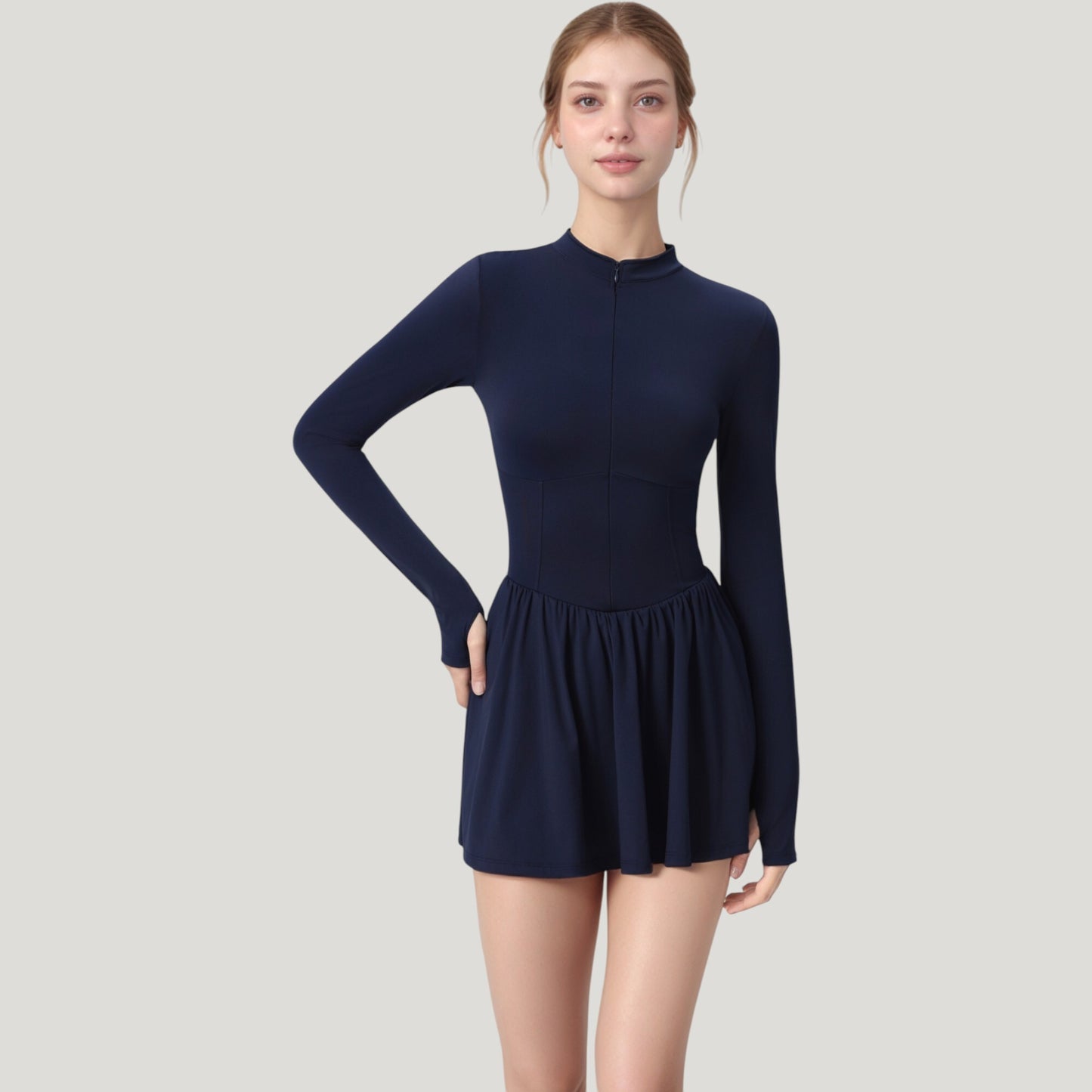 Long Sleeve Athletic Dress with Front Zip and Flowy Skirt