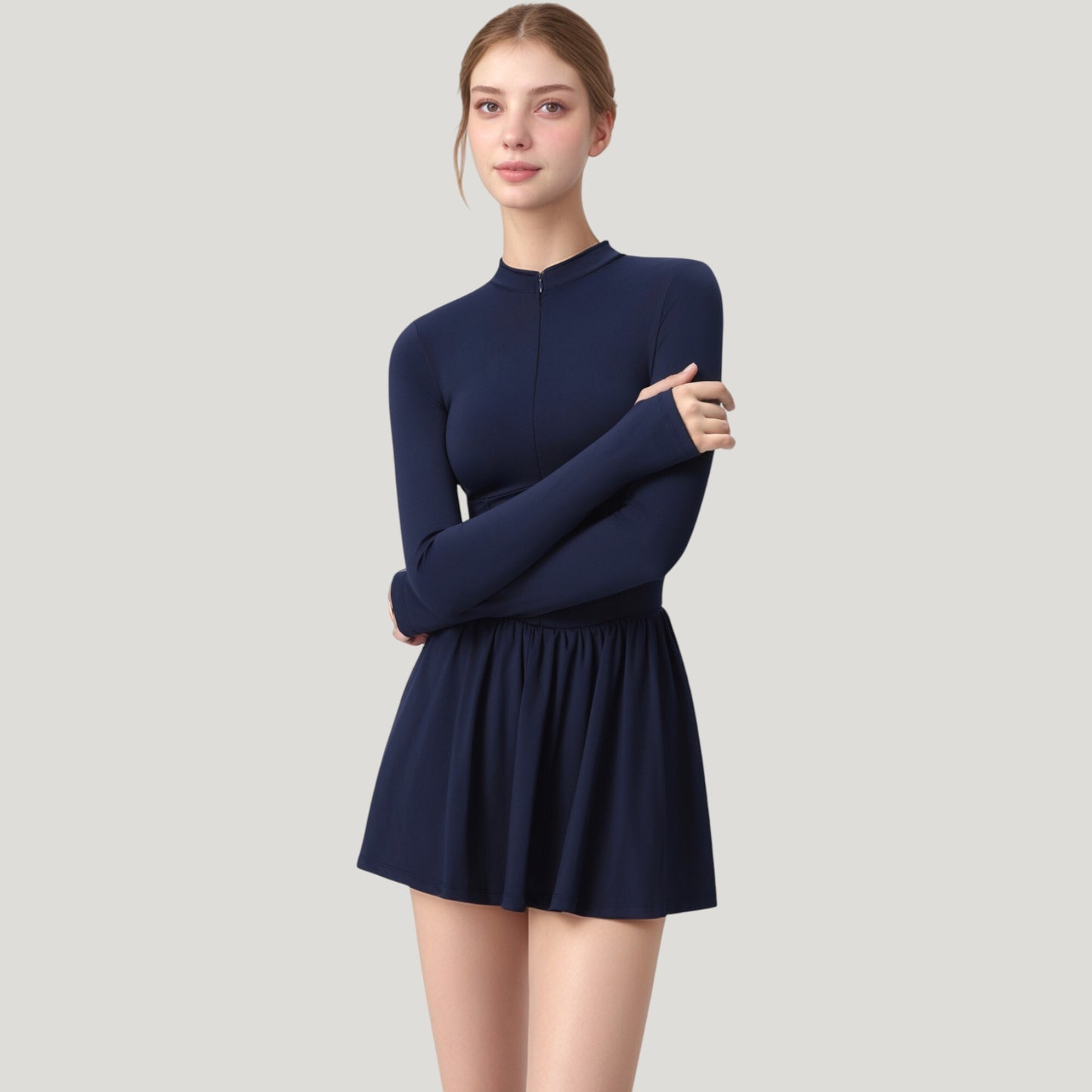 Long Sleeve Athletic Dress with Front Zip and Flowy Skirt