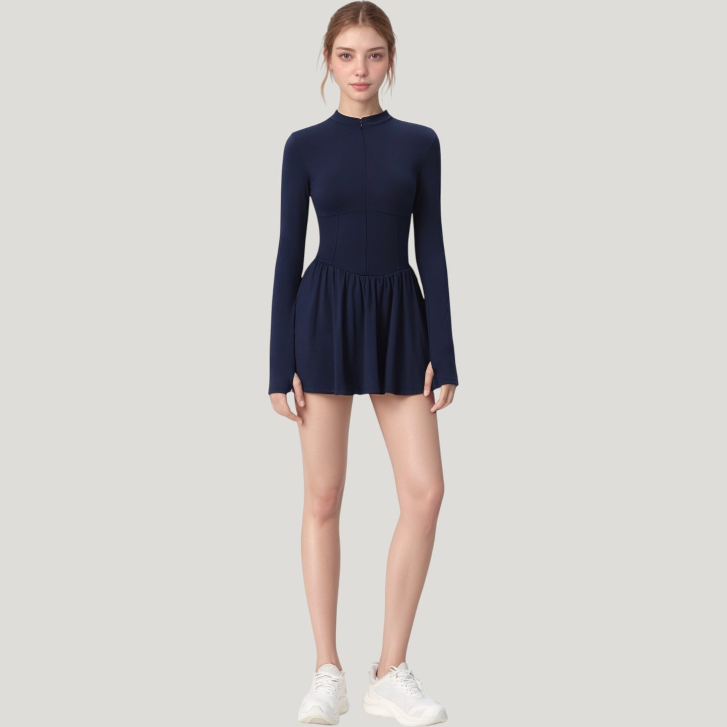 Long Sleeve Athletic Dress with Front Zip and Flowy Skirt
