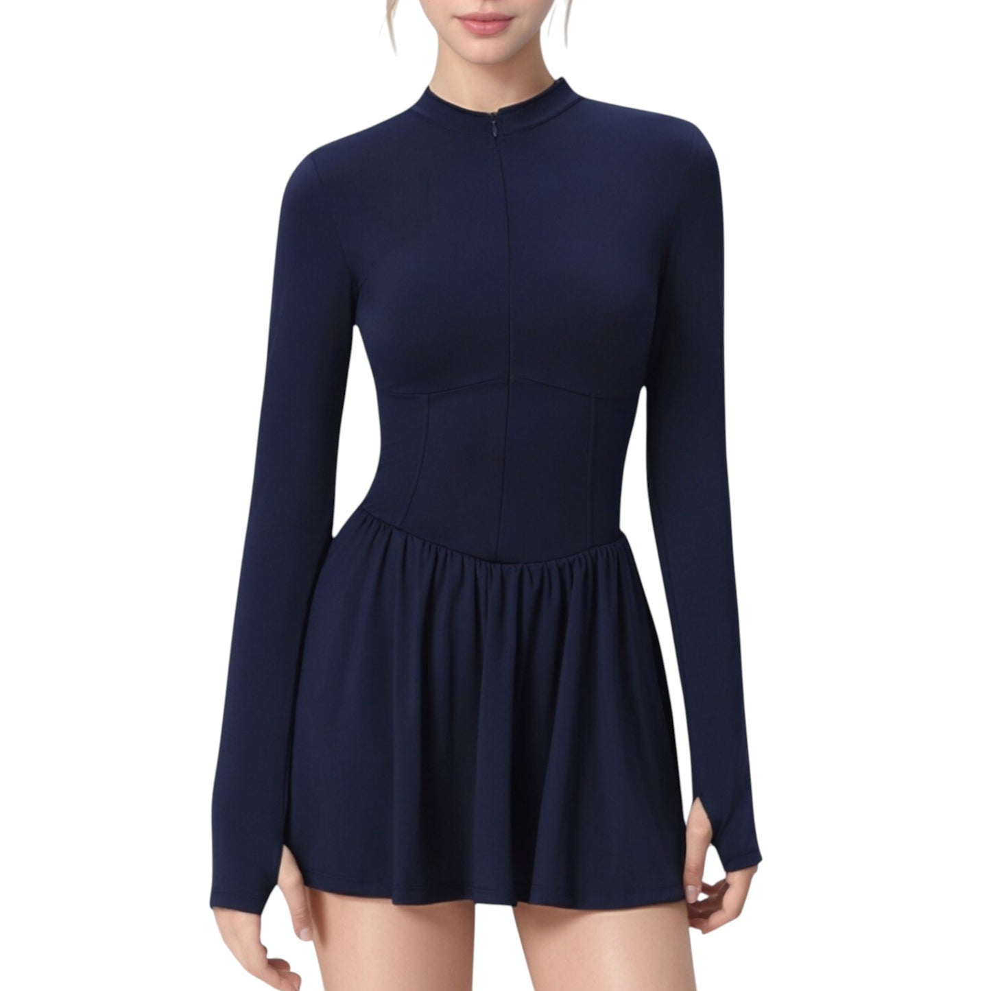 Long Sleeve Athletic Dress with Front Zip and Flowy Skirt