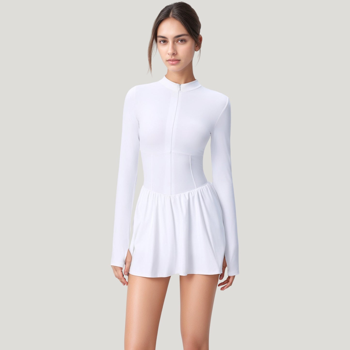Long Sleeve Athletic Dress with Front Zip and Flowy Skirt