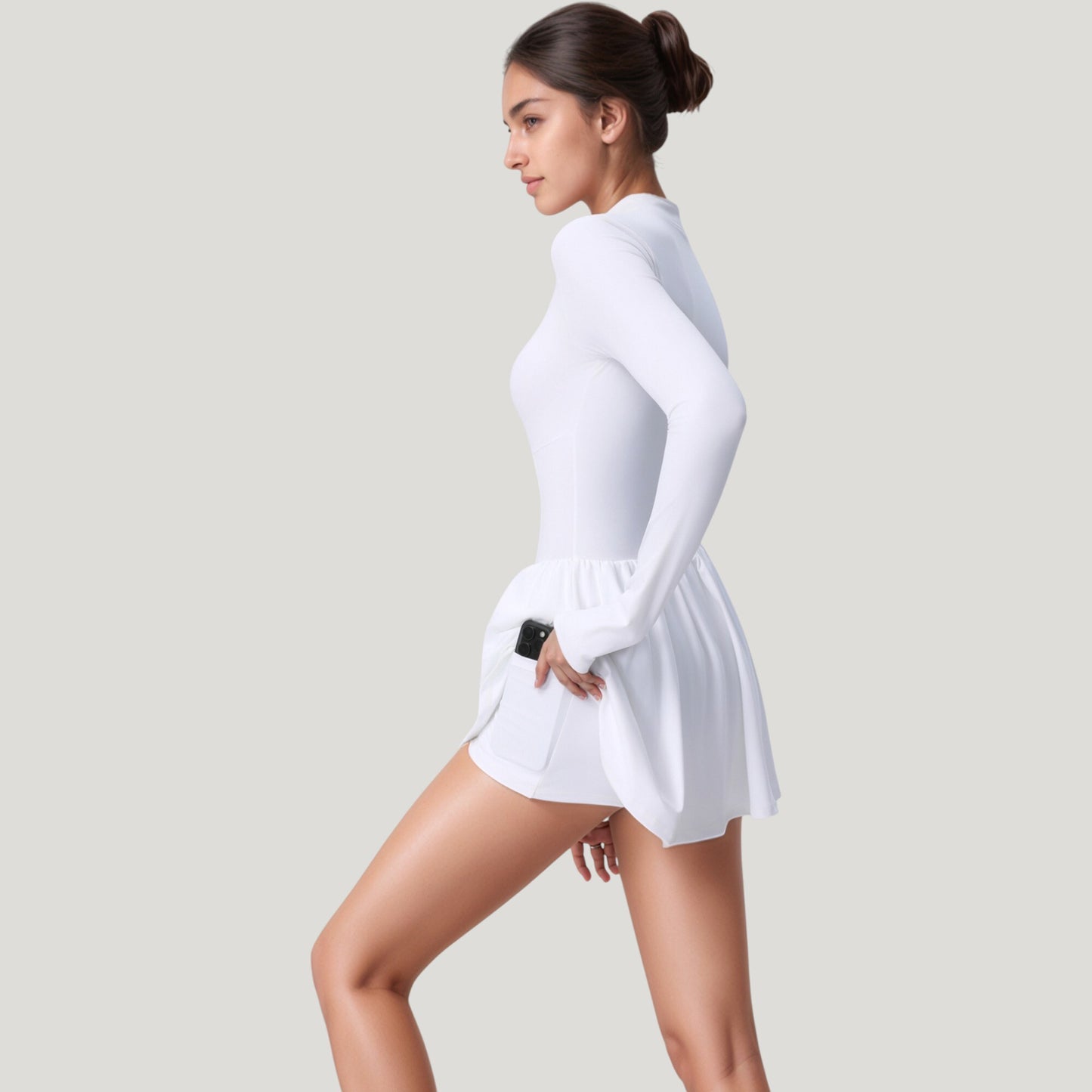 Long Sleeve Athletic Dress with Front Zip and Flowy Skirt