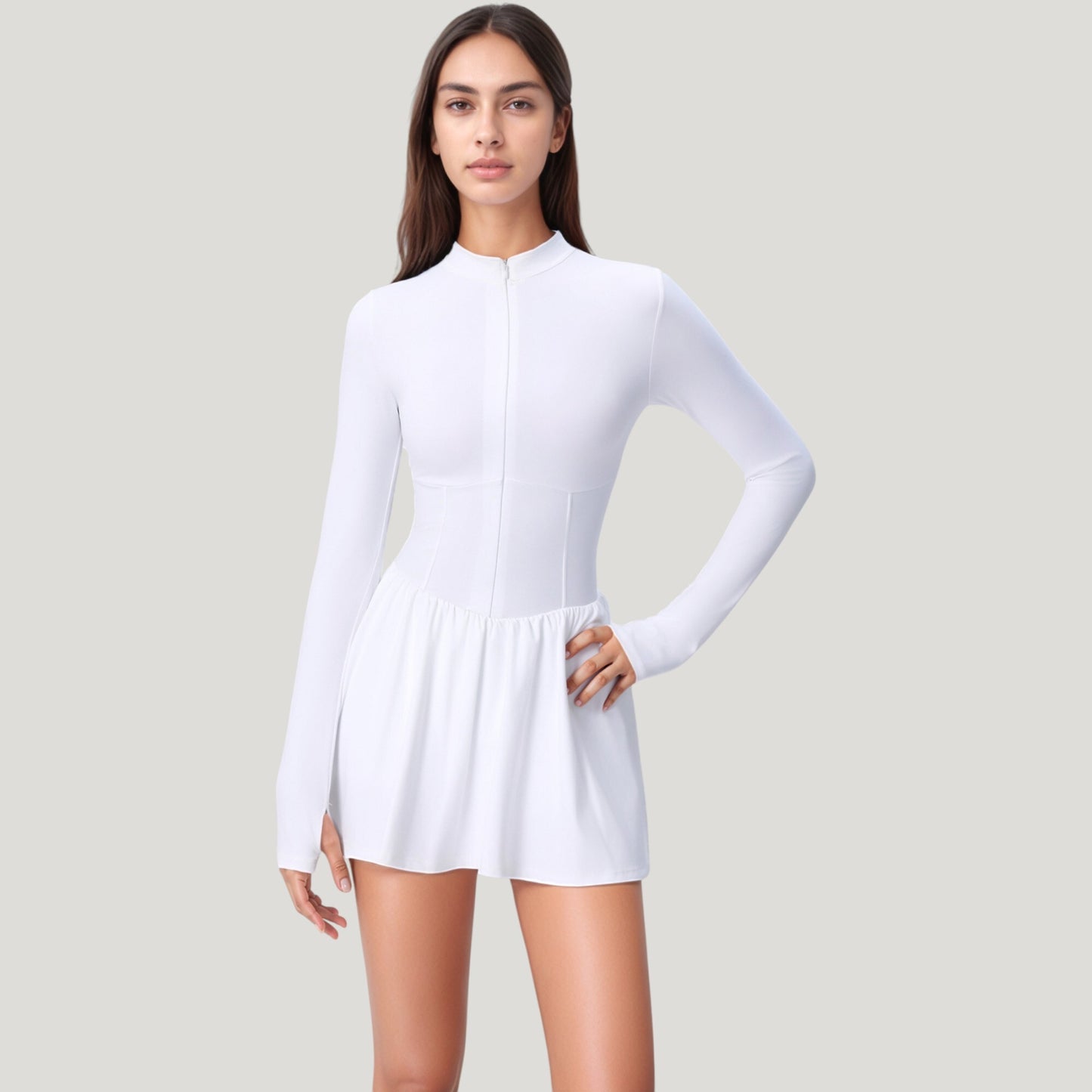 Long Sleeve Athletic Dress with Front Zip and Flowy Skirt