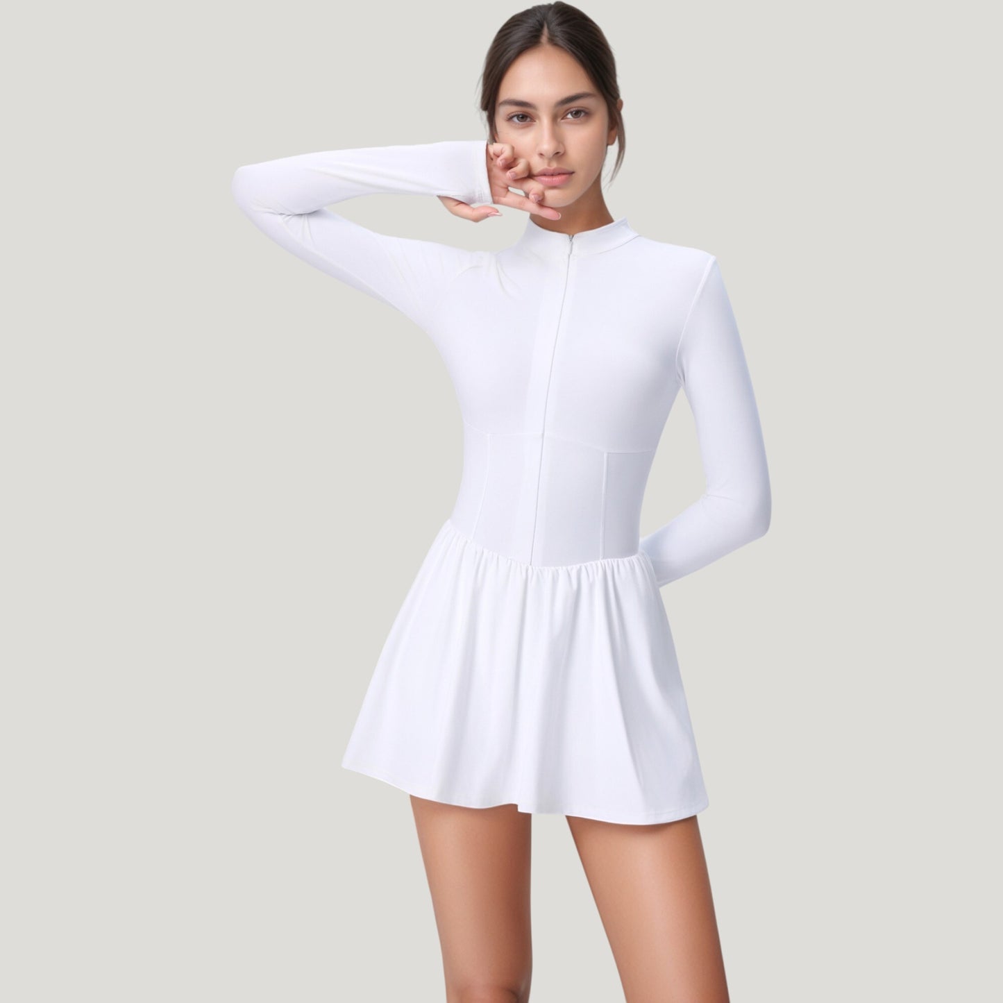 Long Sleeve Athletic Dress with Front Zip and Flowy Skirt
