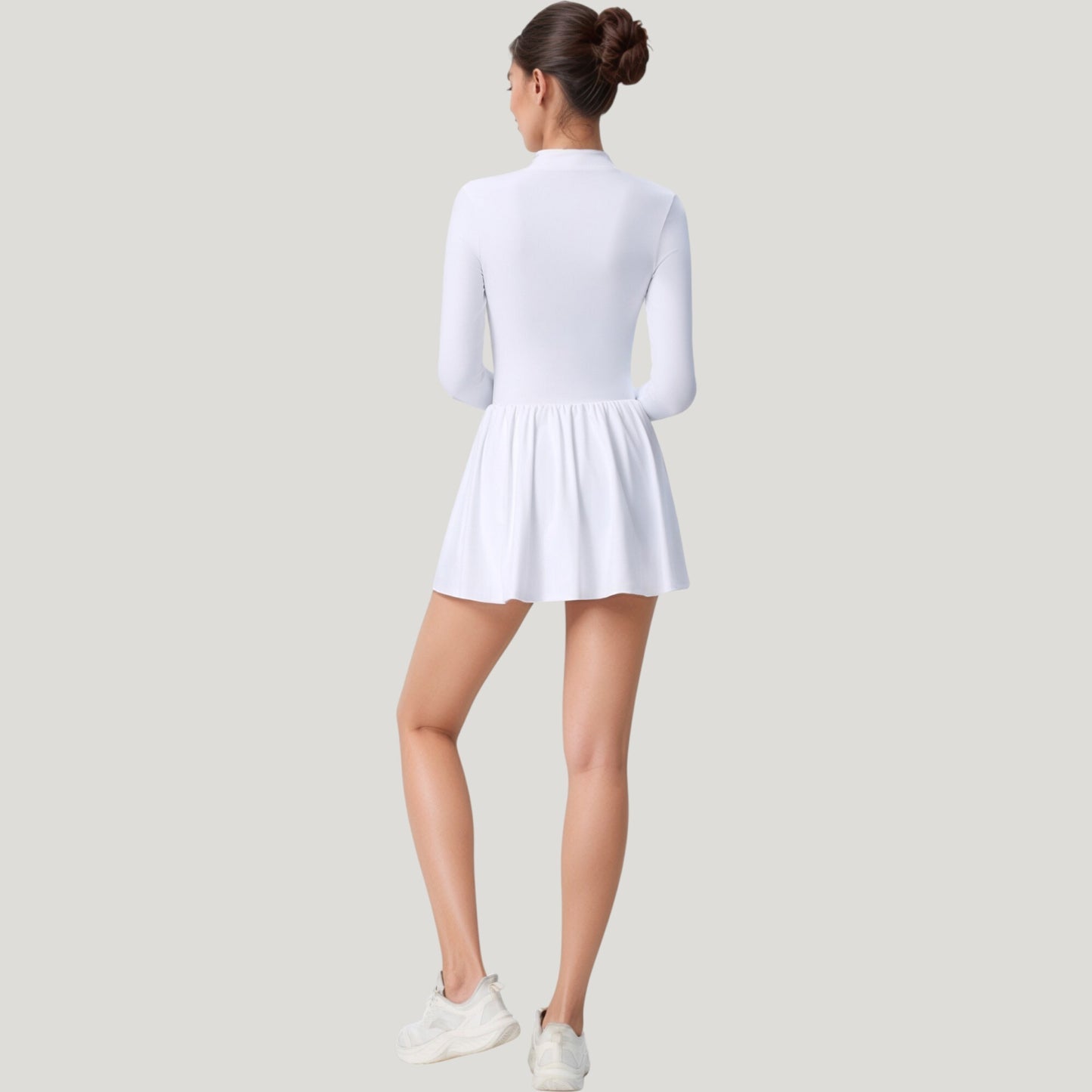 Long Sleeve Athletic Dress with Front Zip and Flowy Skirt