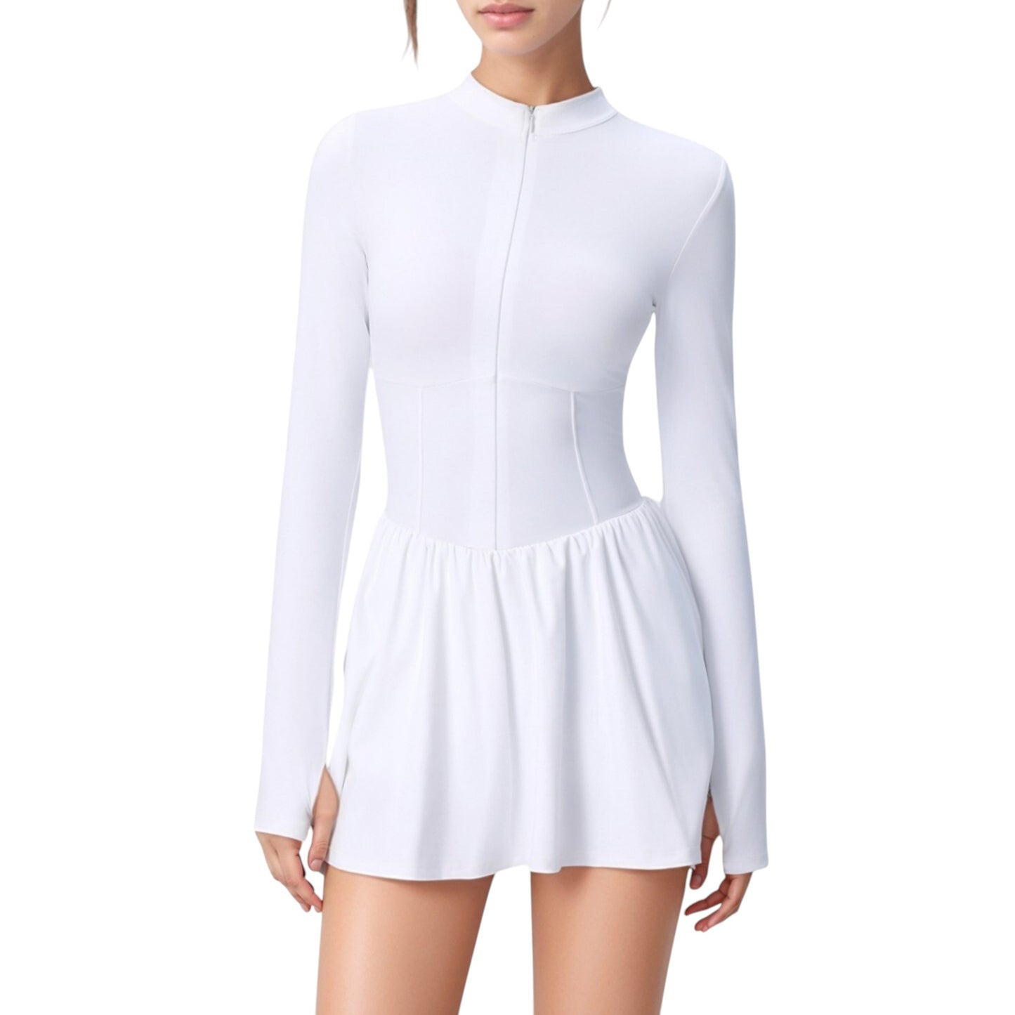 Long Sleeve Athletic Dress with Front Zip and Flowy Skirt