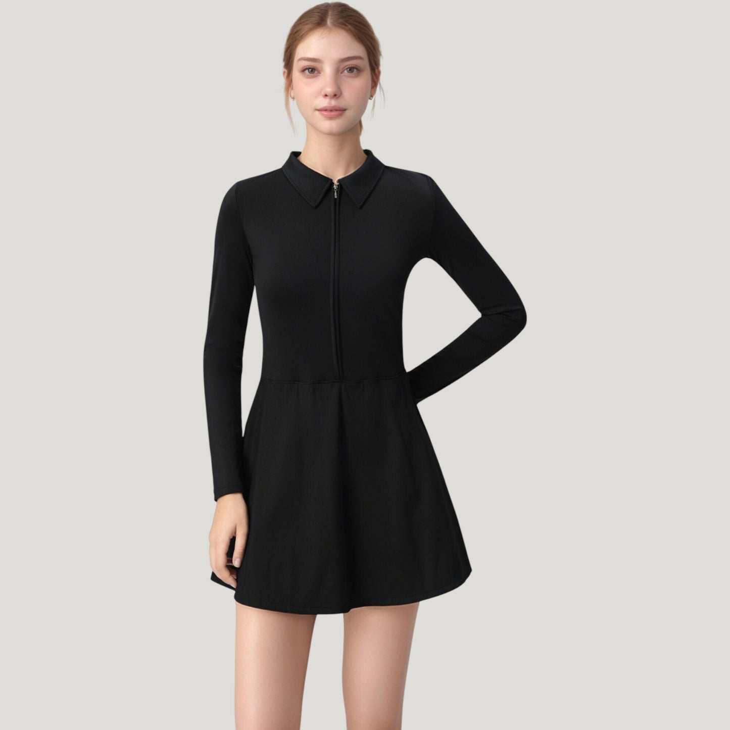 Long Sleeve Active Dress with Zip Front Closure and Pointed Collar