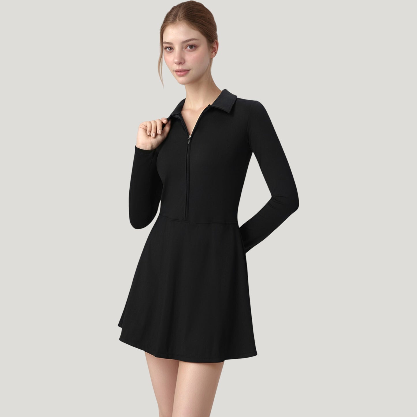 Long Sleeve Active Dress with Zip Front Closure and Pointed Collar