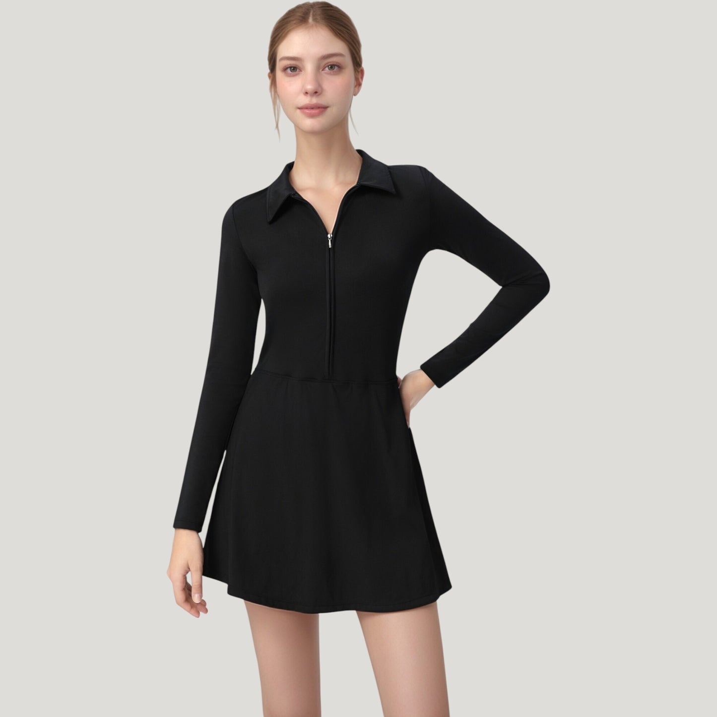 Long Sleeve Active Dress with Zip Front Closure and Pointed Collar