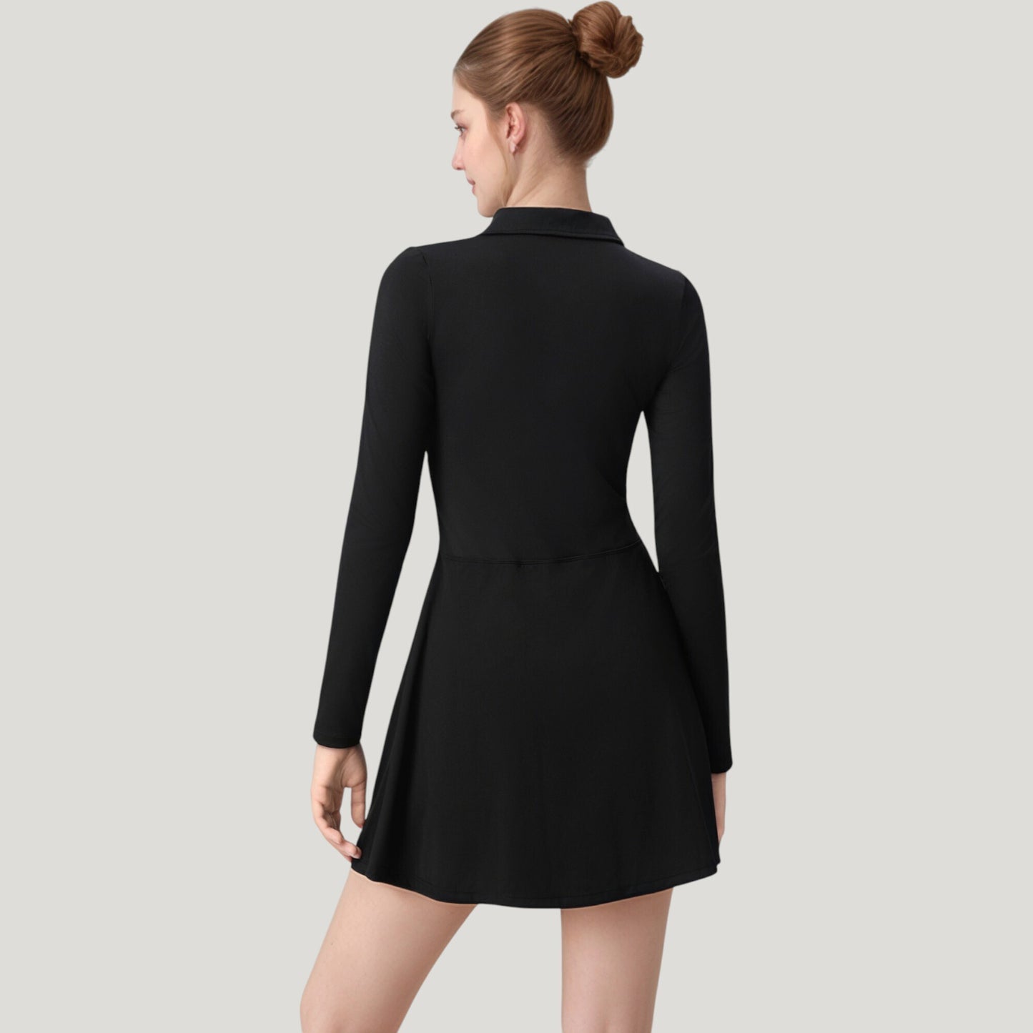 Long Sleeve Active Dress with Zip Front Closure and Pointed Collar