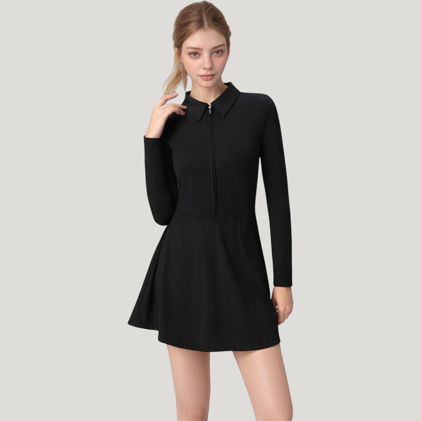 Long Sleeve Active Dress with Zip Front Closure and Pointed Collar