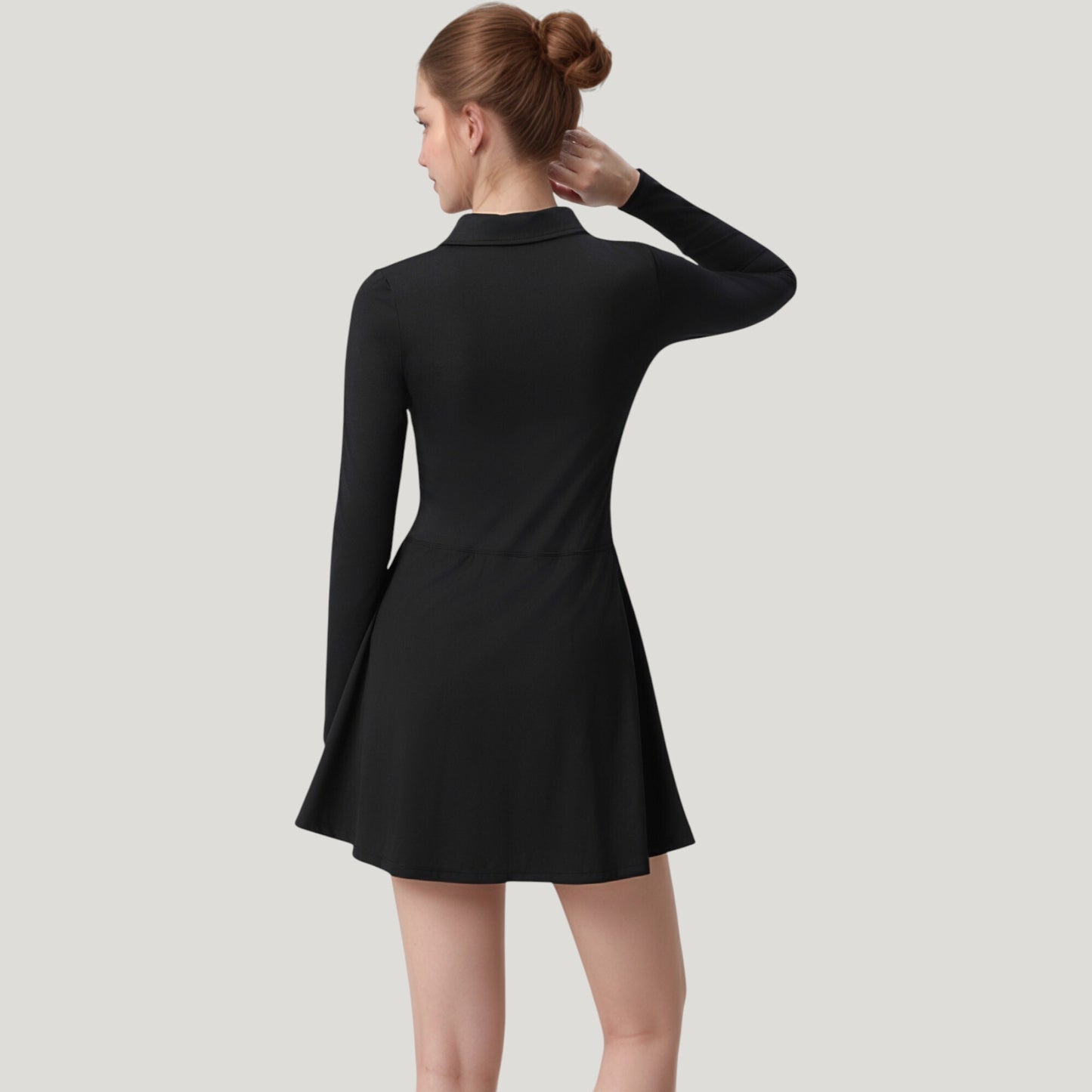 Long Sleeve Active Dress with Zip Front Closure and Pointed Collar