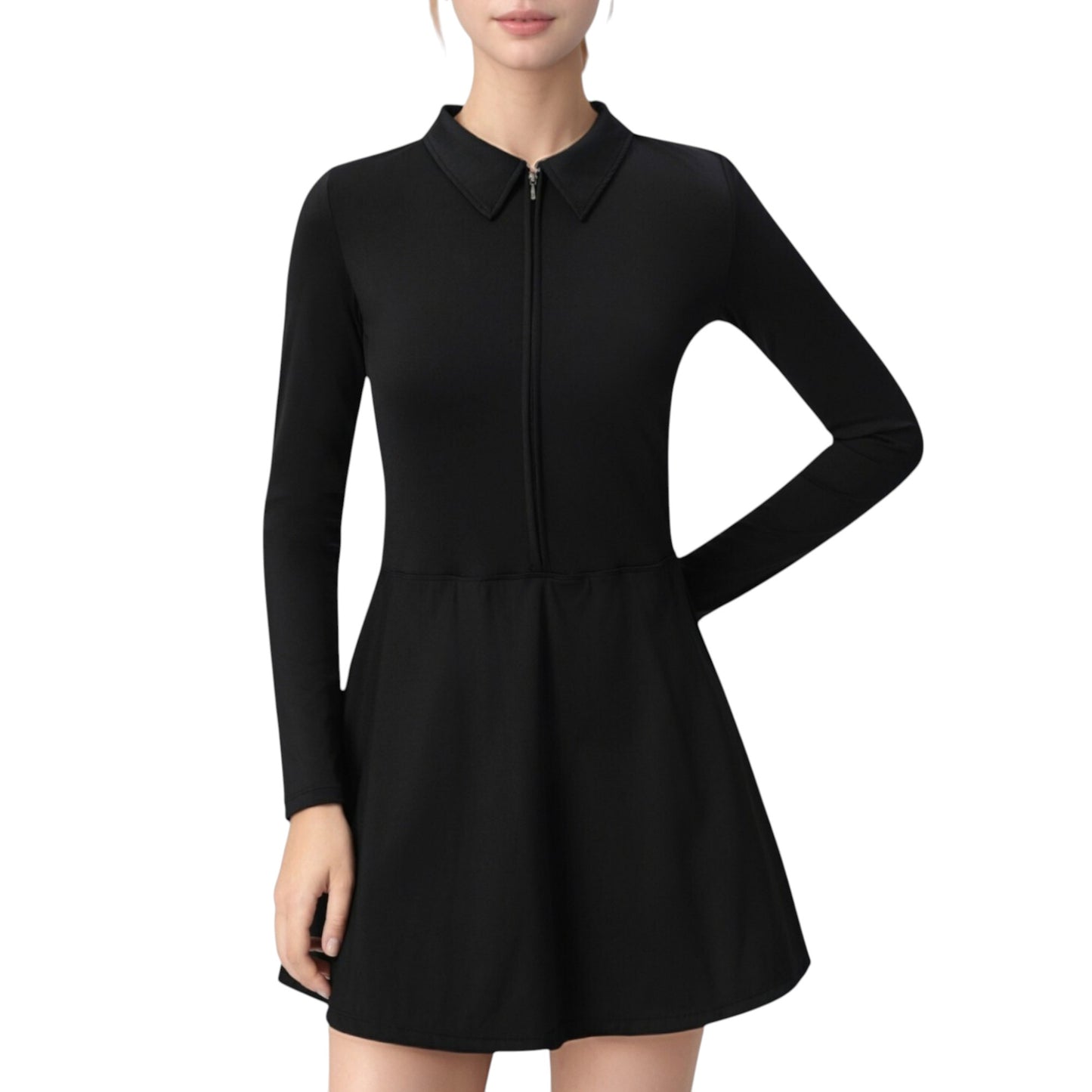 Long Sleeve Active Dress with Zip Front Closure and Pointed Collar