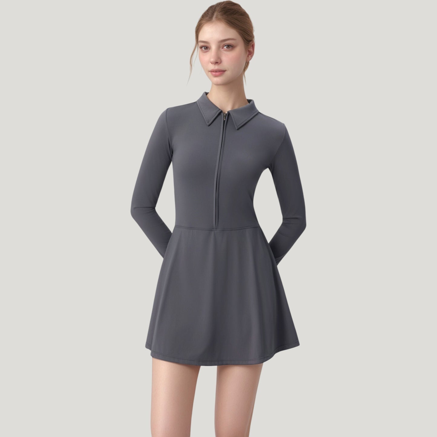 Long Sleeve Active Dress with Zip Front Closure and Pointed Collar