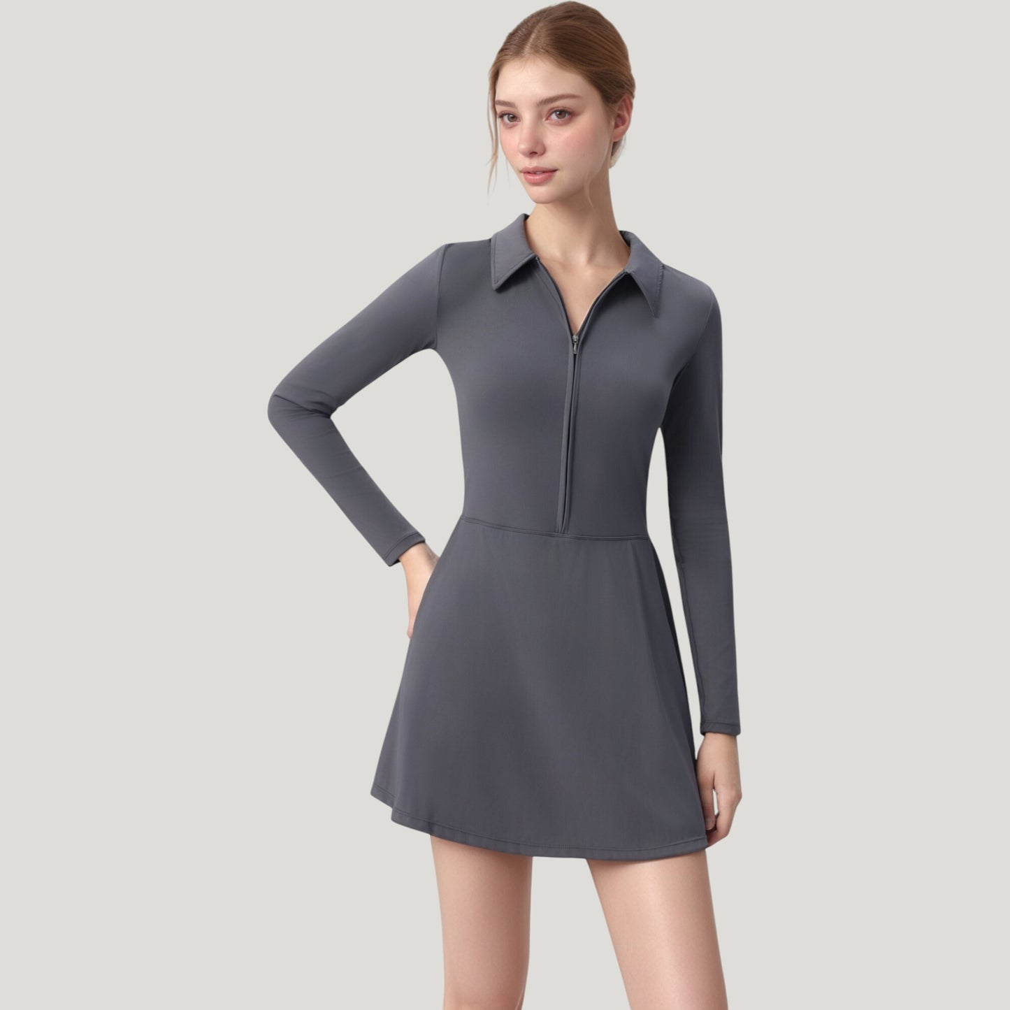 Long Sleeve Active Dress with Zip Front Closure and Pointed Collar
