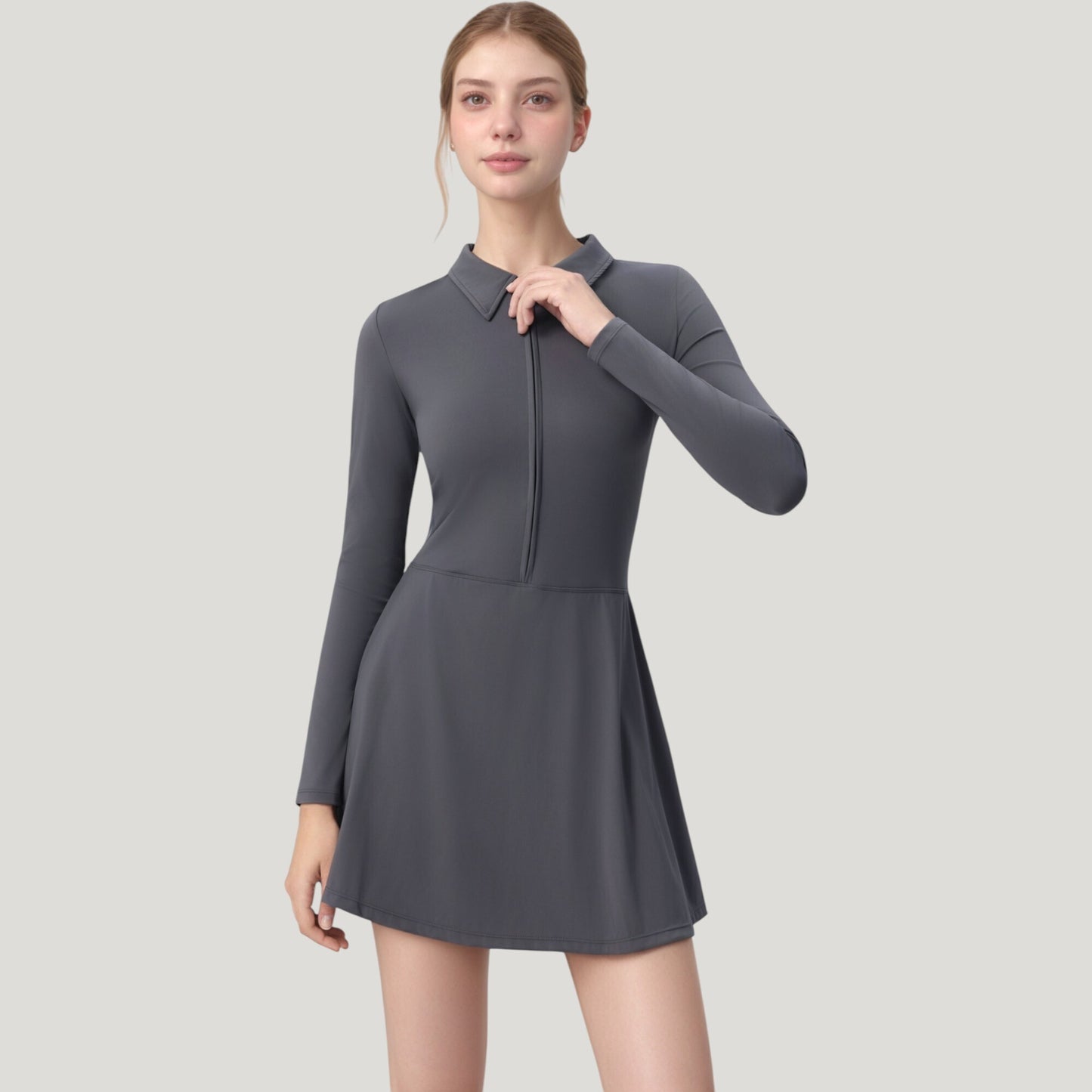 Long Sleeve Active Dress with Zip Front Closure and Pointed Collar