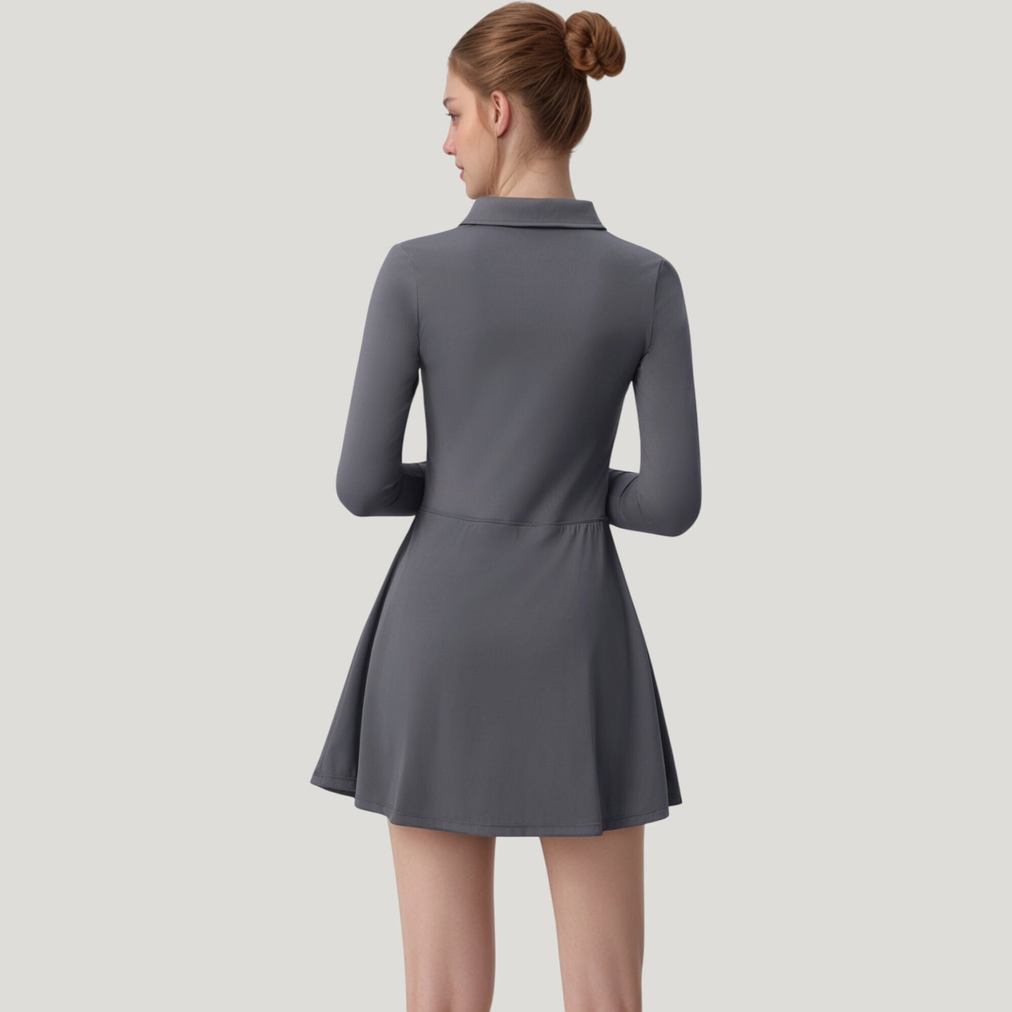 Long Sleeve Active Dress with Zip Front Closure and Pointed Collar