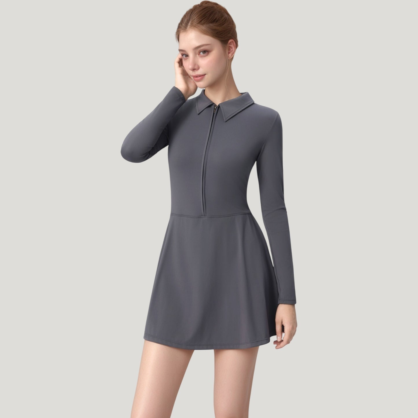 Long Sleeve Active Dress with Zip Front Closure and Pointed Collar