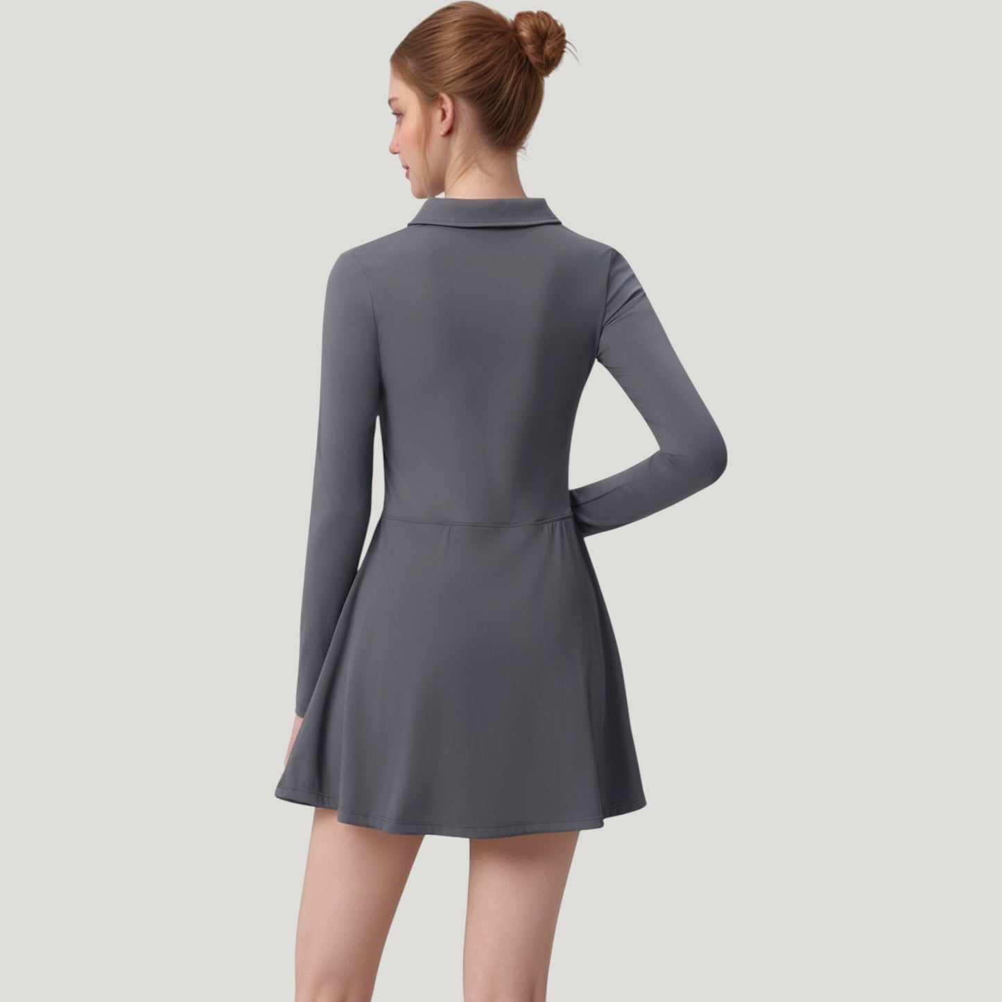 Long Sleeve Active Dress with Zip Front Closure and Pointed Collar