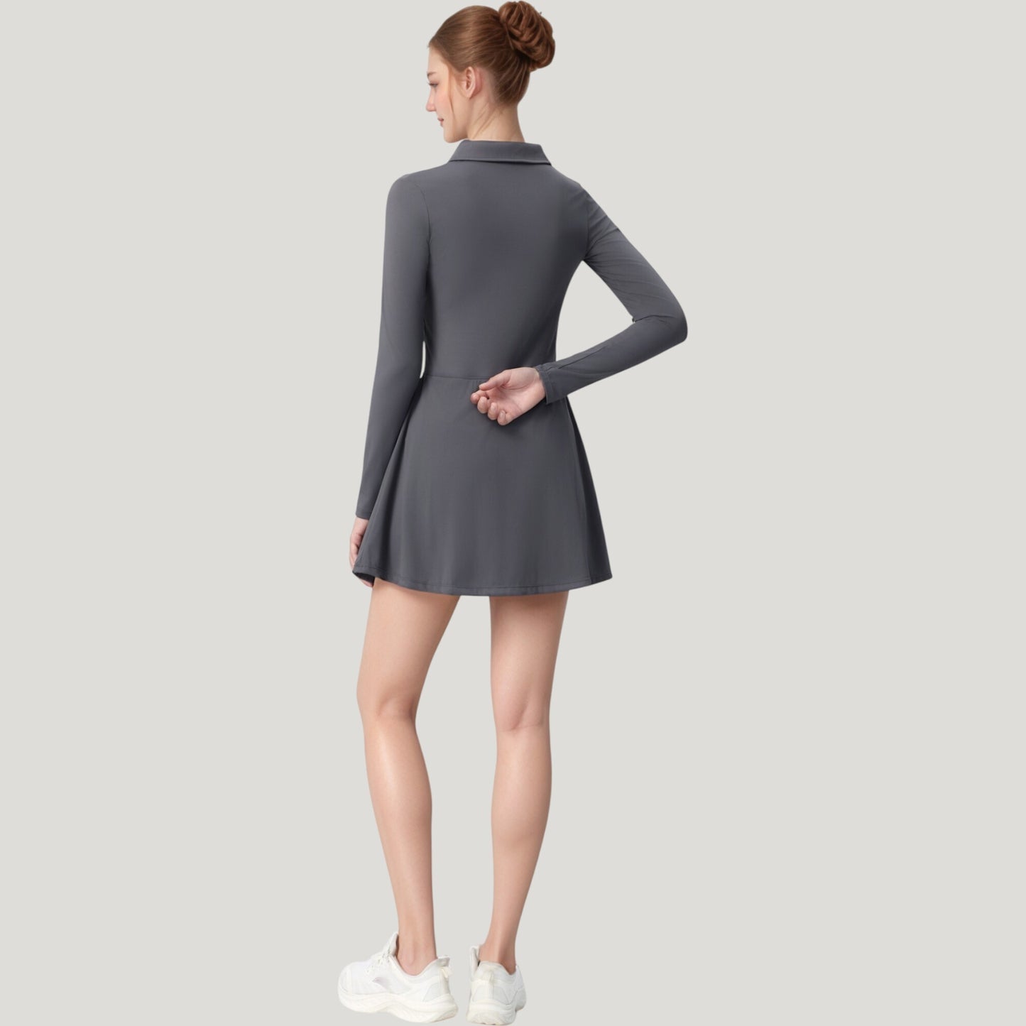 Long Sleeve Active Dress with Zip Front Closure and Pointed Collar