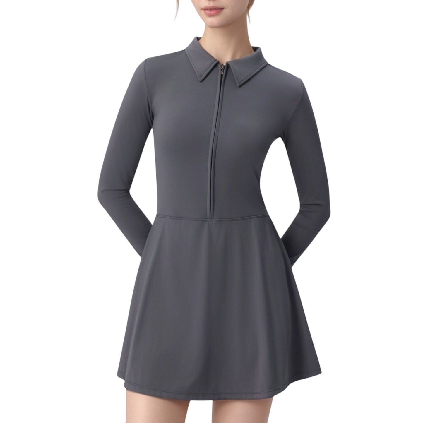 Long Sleeve Active Dress with Zip Front Closure and Pointed Collar