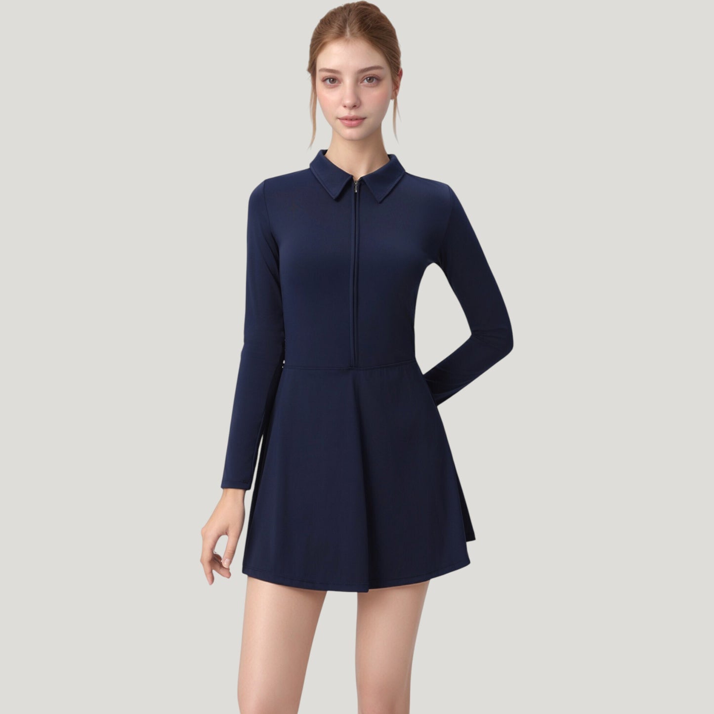 Long Sleeve Active Dress with Zip Front Closure and Pointed Collar