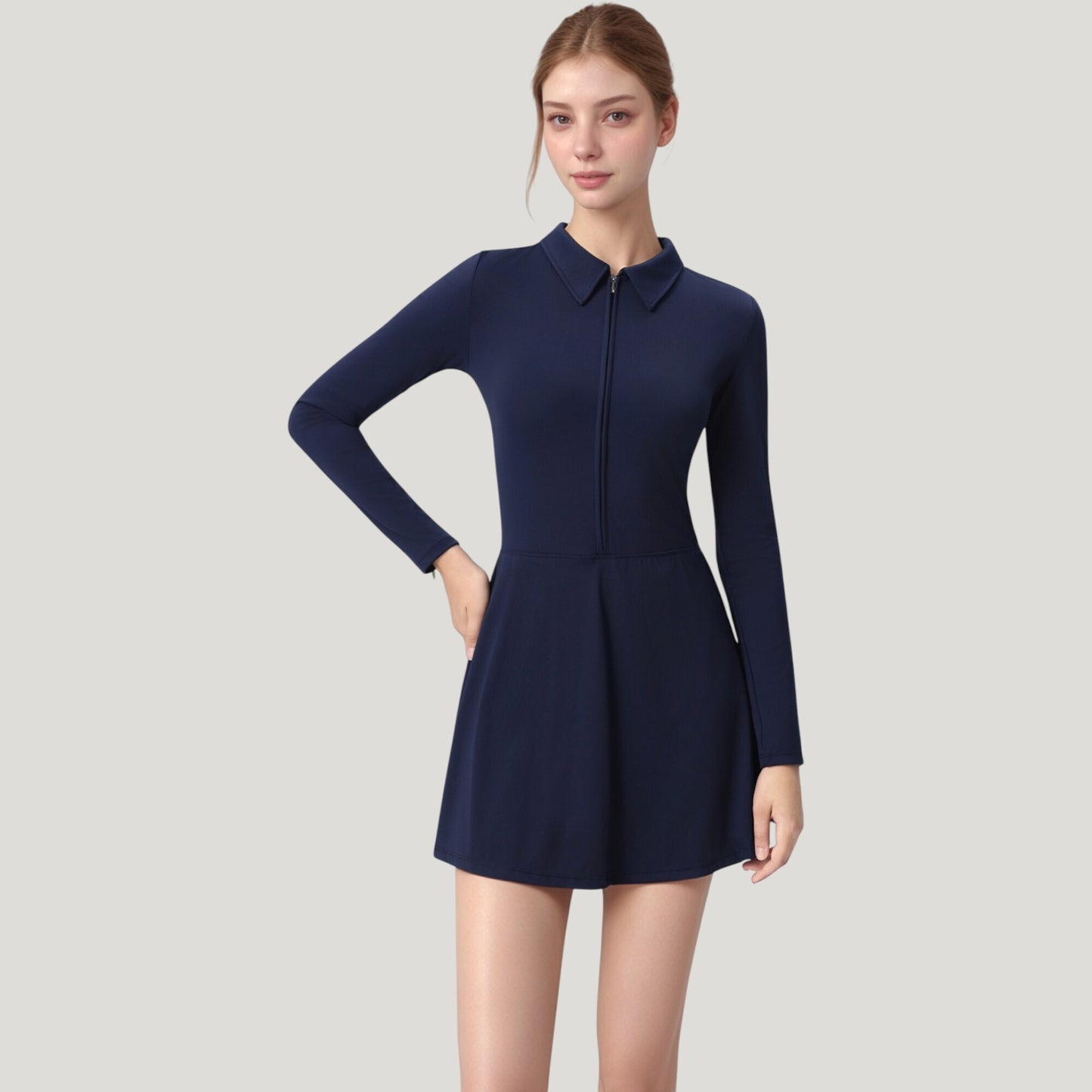Long Sleeve Active Dress with Zip Front Closure and Pointed Collar