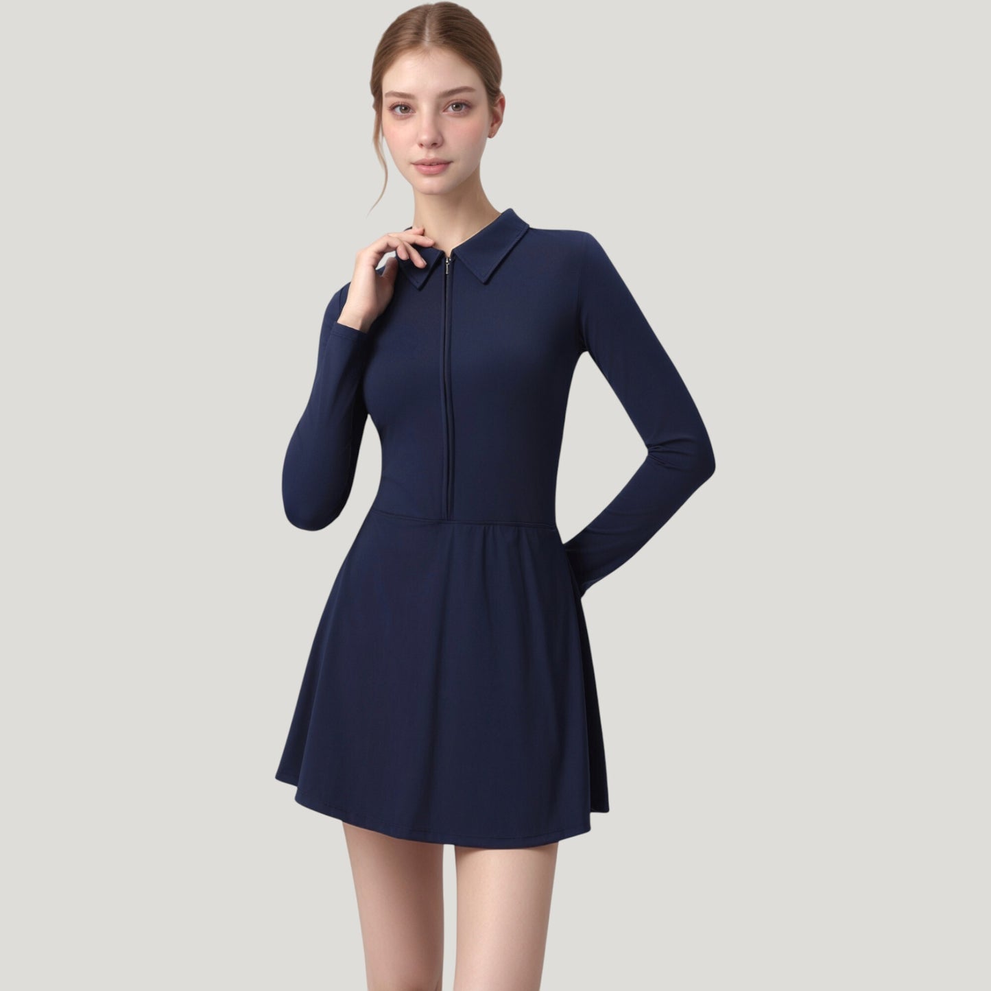 Long Sleeve Active Dress with Zip Front Closure and Pointed Collar