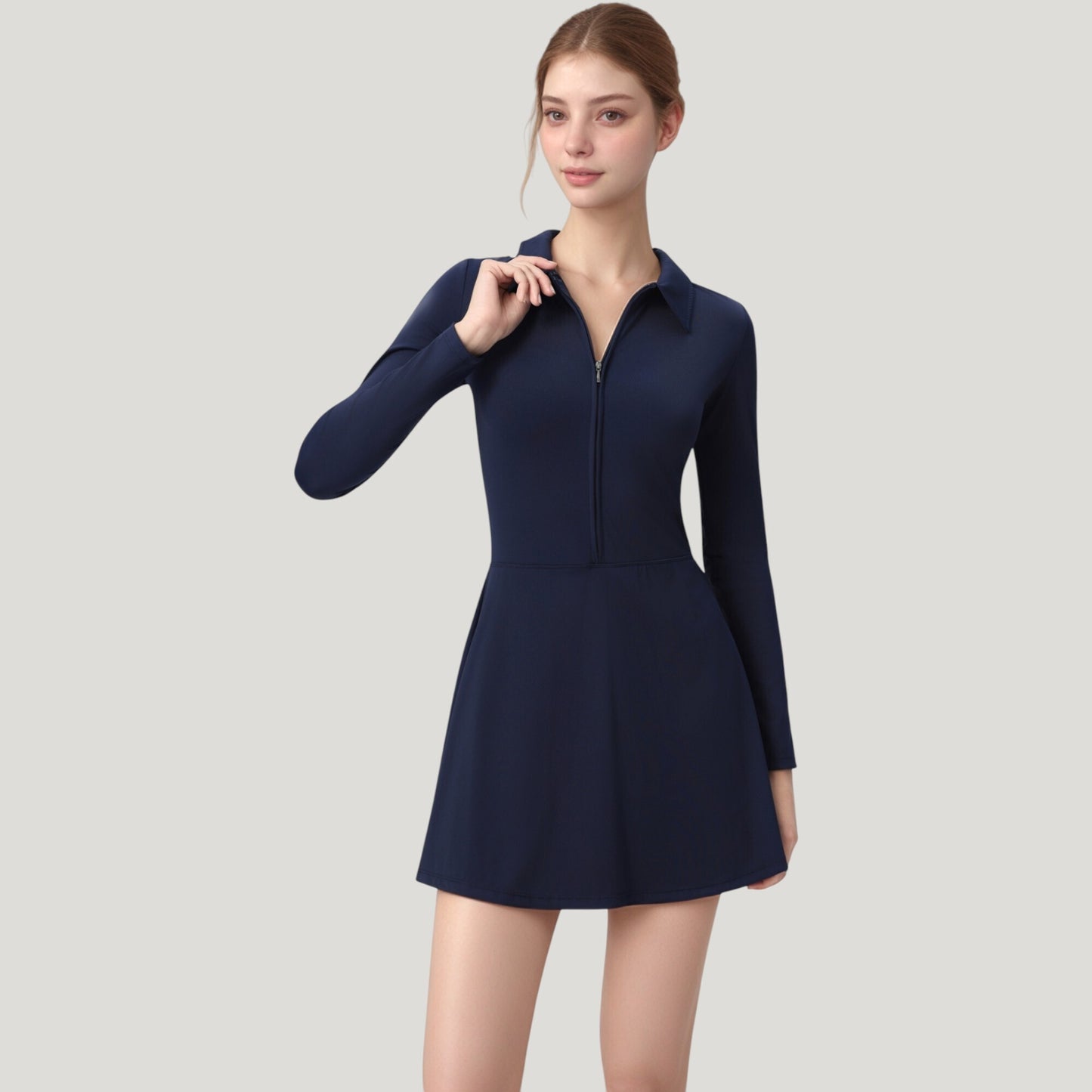 Long Sleeve Active Dress with Zip Front Closure and Pointed Collar