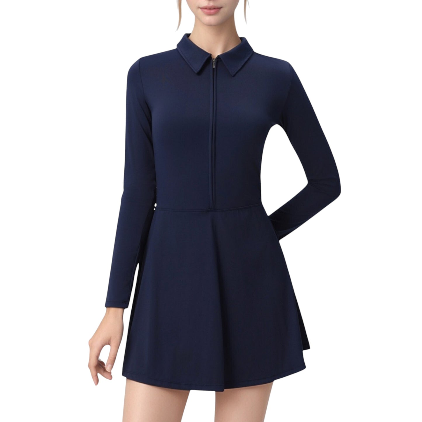 Long Sleeve Active Dress with Zip Front Closure and Pointed Collar