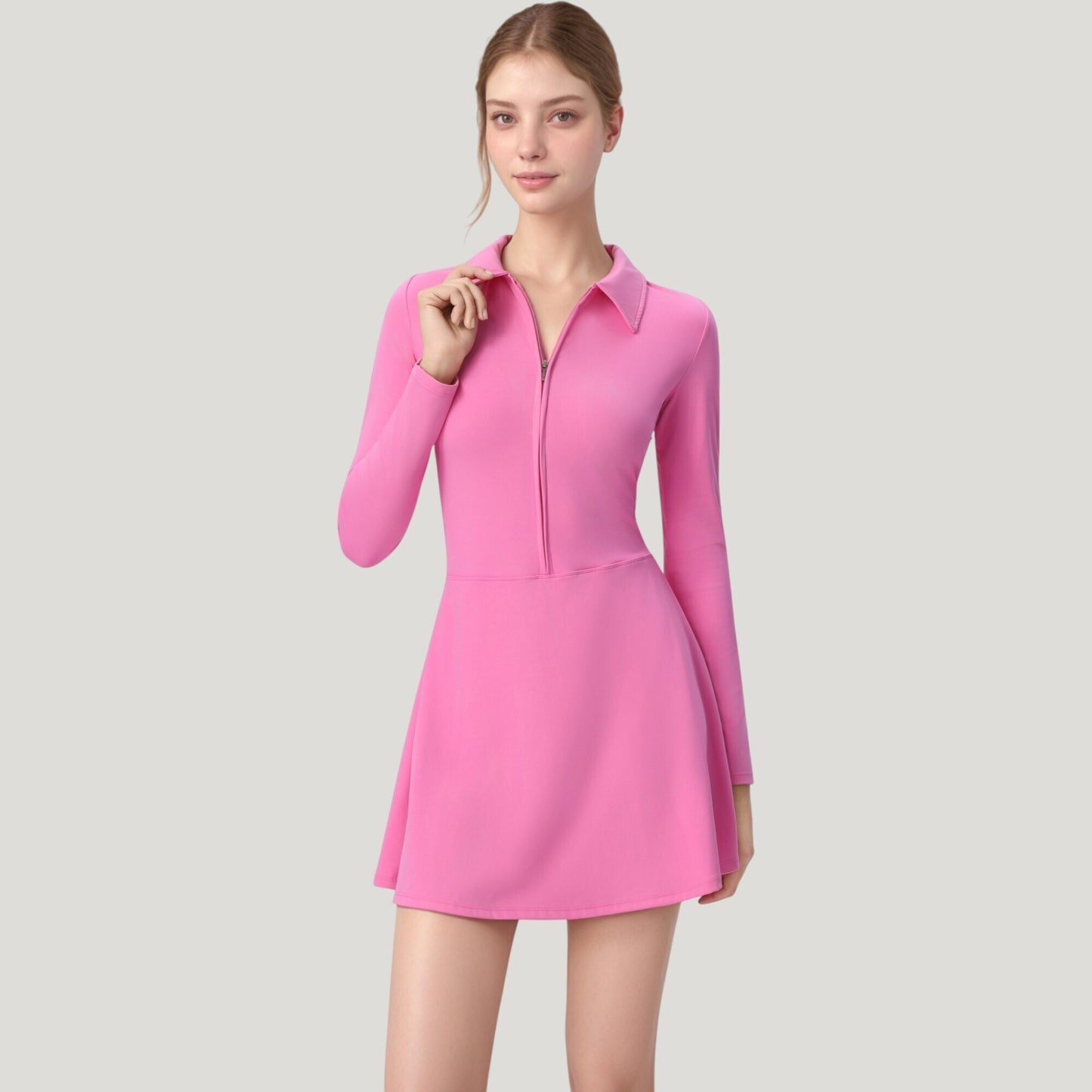 Long Sleeve Active Dress with Zip Front Closure and Pointed Collar