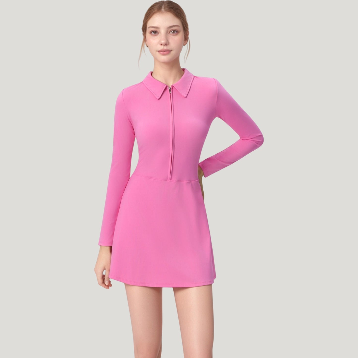 Long Sleeve Active Dress with Zip Front Closure and Pointed Collar