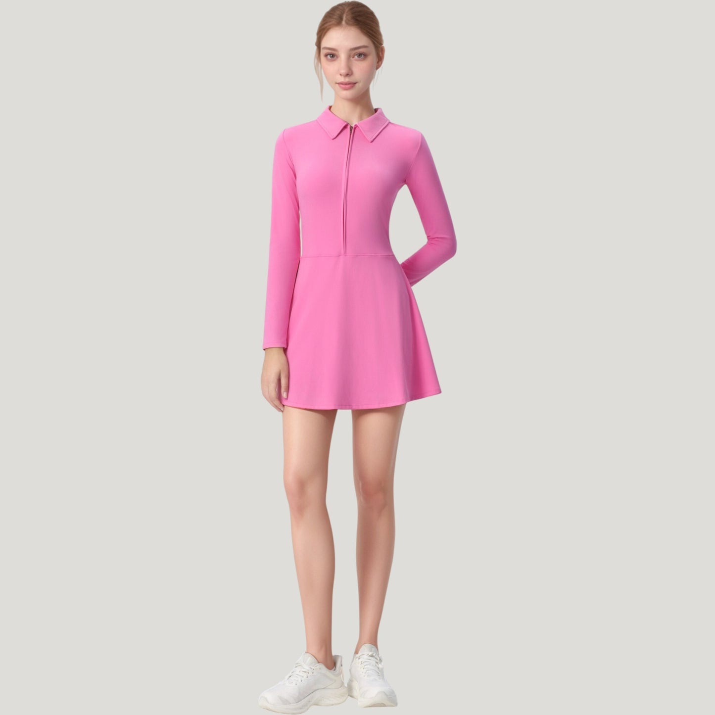 Long Sleeve Active Dress with Zip Front Closure and Pointed Collar